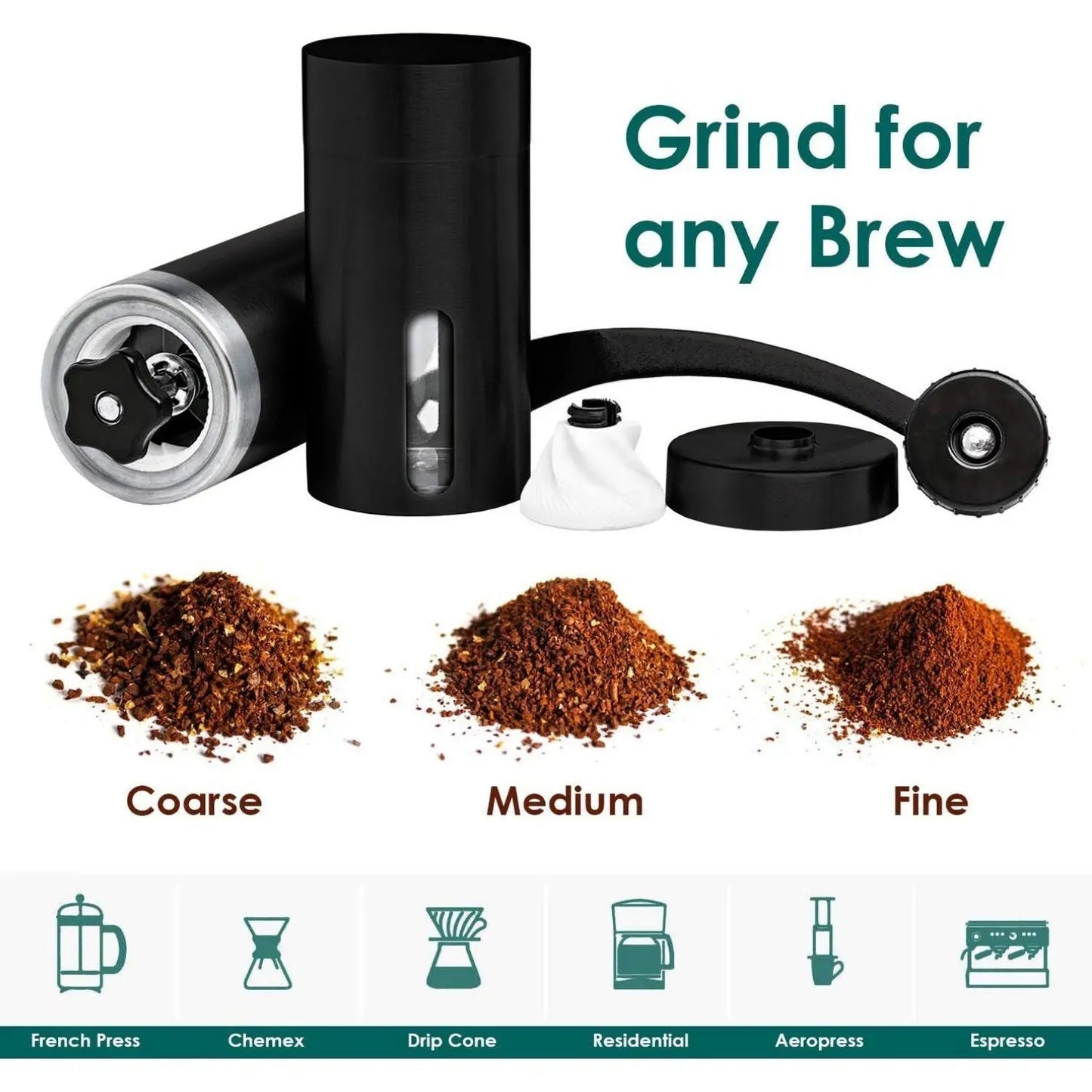 InstaCuppa Manual Hand Coffee Bean Grinder for French Press, Chemex, Drip Cone, Aeropress, Espresso, Coffee Machines, Black Color