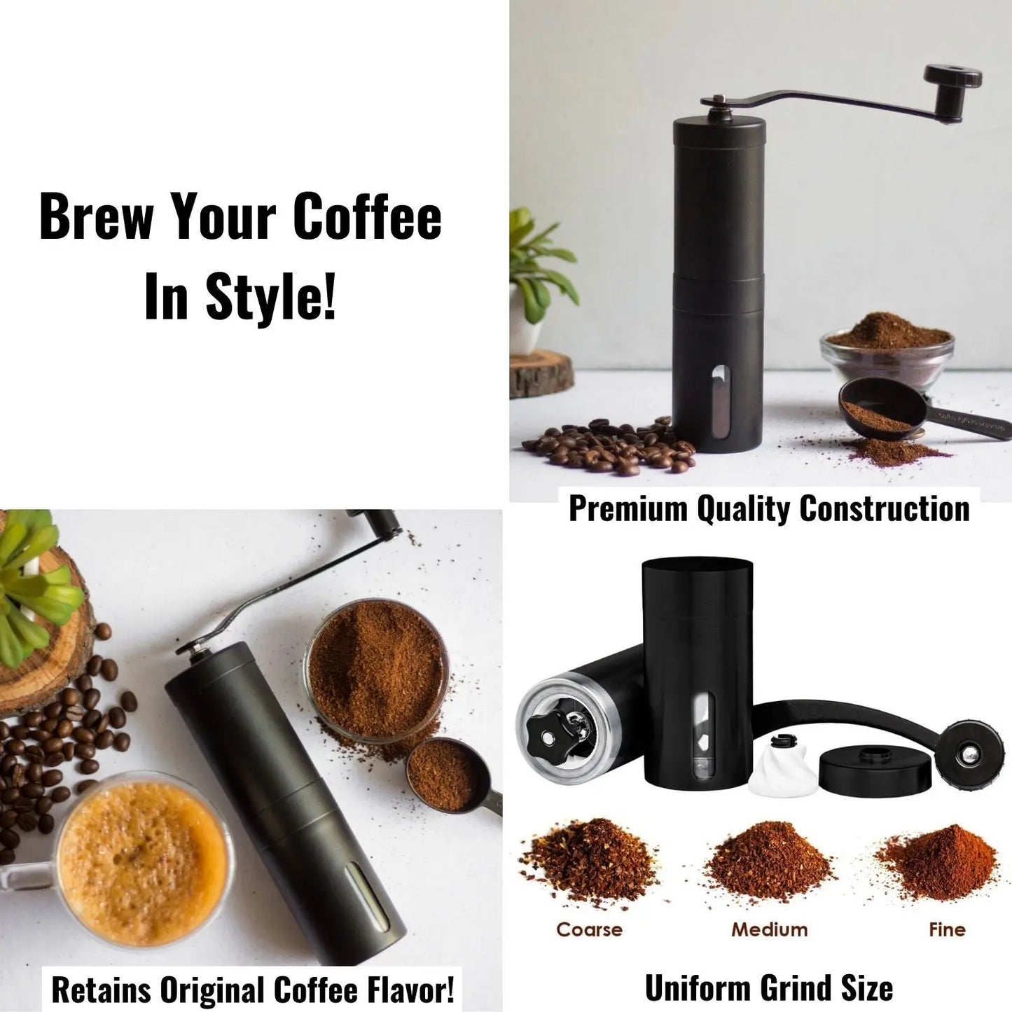 InstaCuppa Manual Hand Coffee Bean Grinder - Brew Your Coffee In Style - Black Color