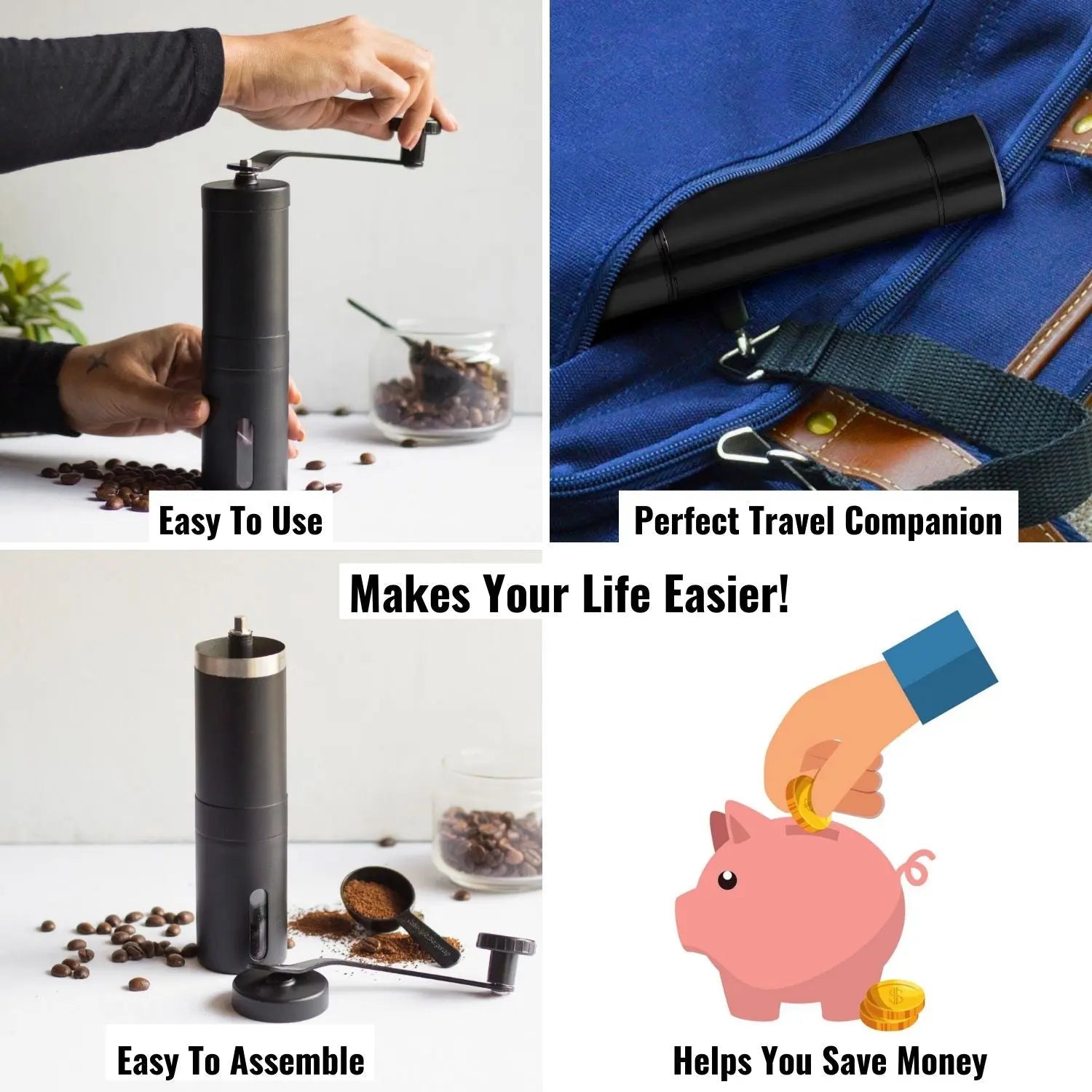 InstaCuppa Manual Hand Coffee Bean Grinder - Makes Your Life Easier - Black Color