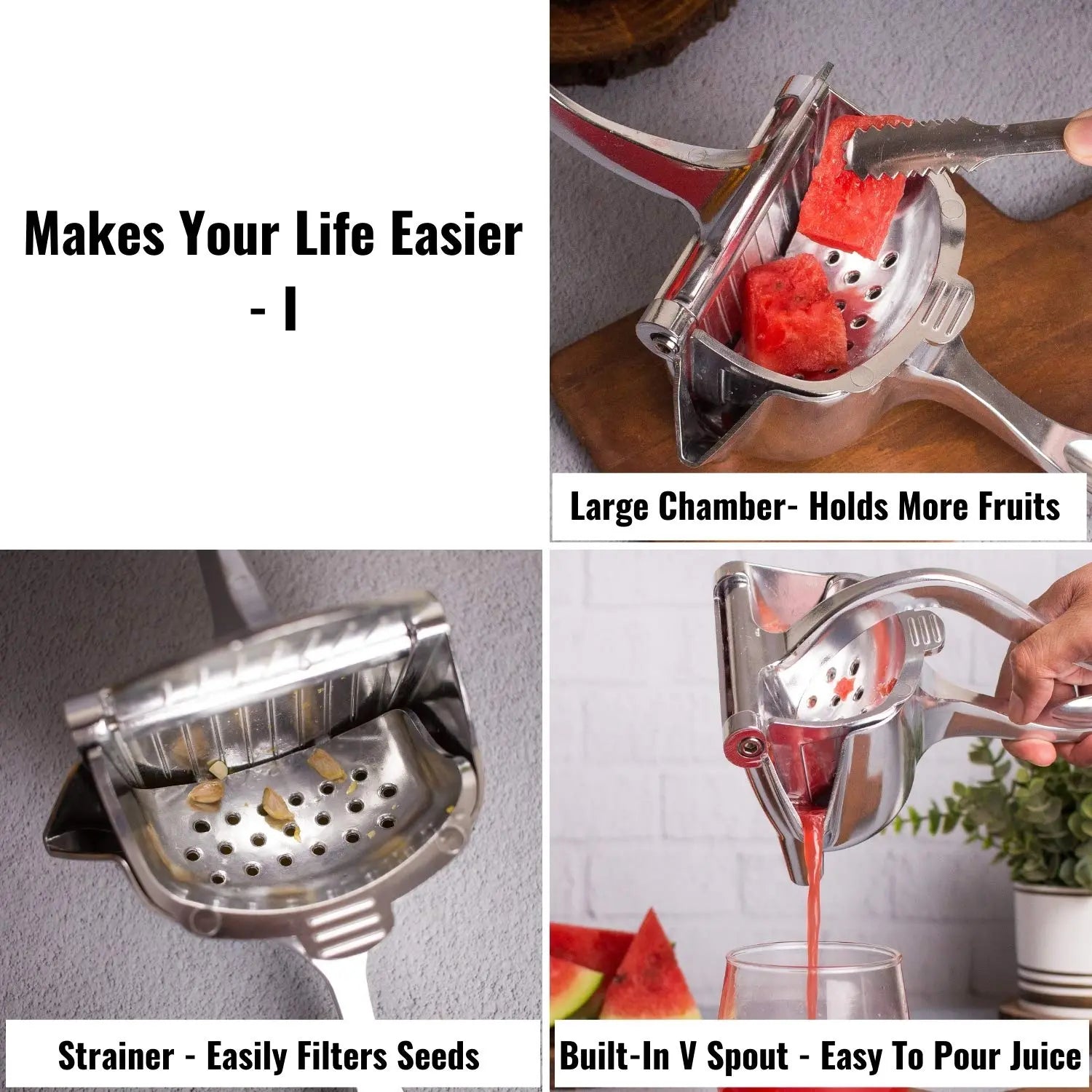 InstaCuppa Manual Press Hand Fruit Juicer with Removable Strainer, Heavy Duty Aluminium Build, Hand Fruits Squeezer for Pomegranates, Lemons, Oranges 