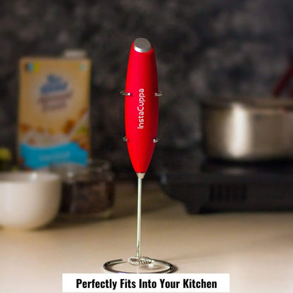 InstaCuppa Milk Frother for Coffee - Handheld Battery Operated Electric Milk and Coffee Frother, Portable Foam Maker with Stainless Steel Stand 