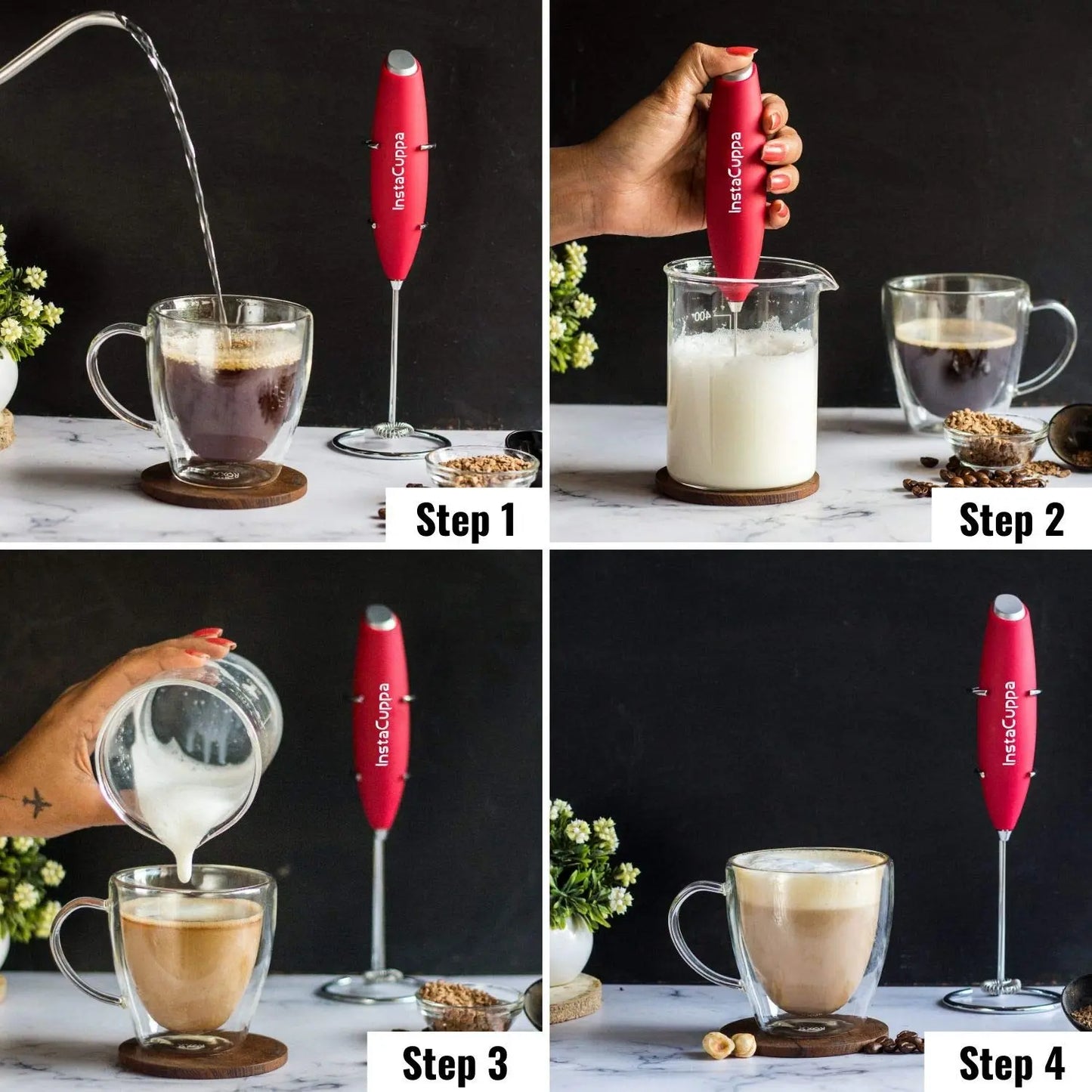 InstaCuppa Milk Frother for Coffee - Handheld Battery Operated Electric Milk and Coffee Frother, Portable Foam Maker with Stainless Steel Stand 