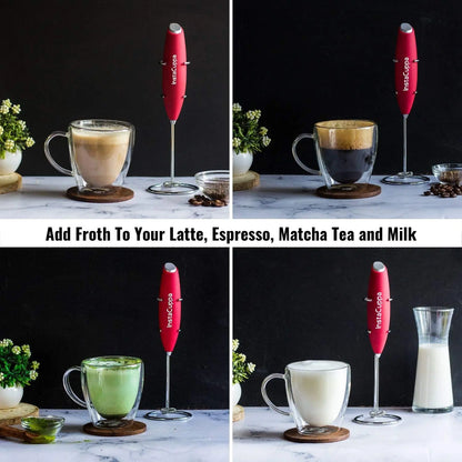 InstaCuppa Milk Frother for Coffee - Handheld Battery Operated Electric Milk and Coffee Frother, Portable Foam Maker with Stainless Steel Stand 