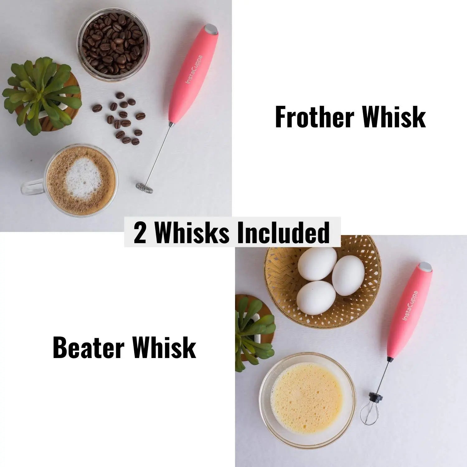 InstaCuppa Milk Frother for Coffee - Handheld Battery Operated Electric Milk and Coffee Frother, Portable Foam Maker with Stainless Steel Stand 