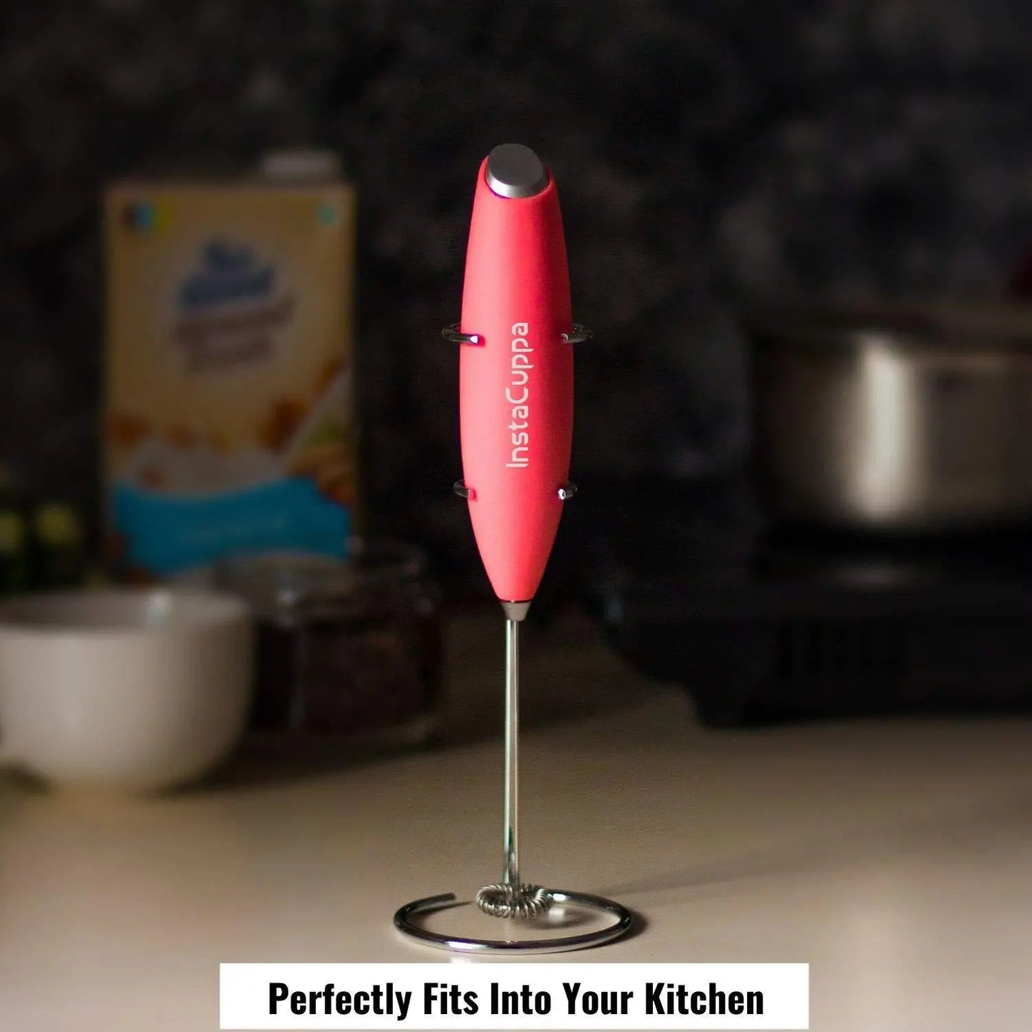 InstaCuppa Milk Frother for Coffee - Handheld Battery Operated Electric Milk and Coffee Frother, Portable Foam Maker with Stainless Steel Stand 