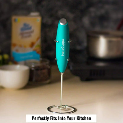 InstaCuppa Milk Frother for Coffee - Handheld Battery Operated Electric Milk and Coffee Frother, Portable Foam Maker with Stainless Steel Stand 