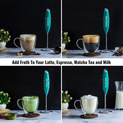 InstaCuppa Milk Frother for Coffee - Handheld Battery Operated Electric Milk and Coffee Frother, Portable Foam Maker with Stainless Steel Stand 