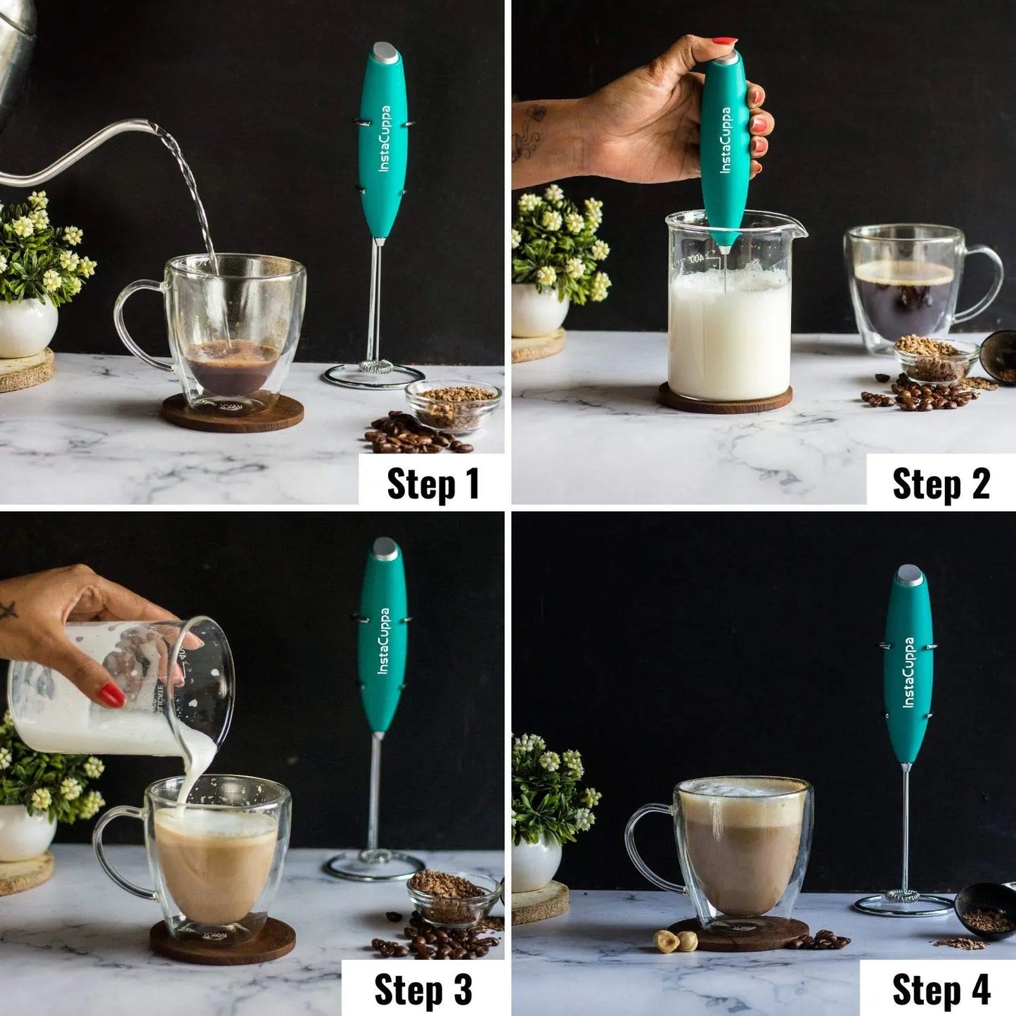 InstaCuppa Milk Frother for Coffee - Handheld Battery Operated Electric Milk and Coffee Frother, Portable Foam Maker with Stainless Steel Stand 