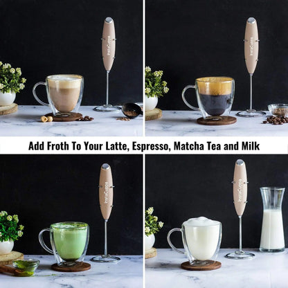InstaCuppa Milk Frother for Coffee - Handheld Battery Operated Electric Milk and Coffee Frother, Portable Foam Maker with Stainless Steel Stand 