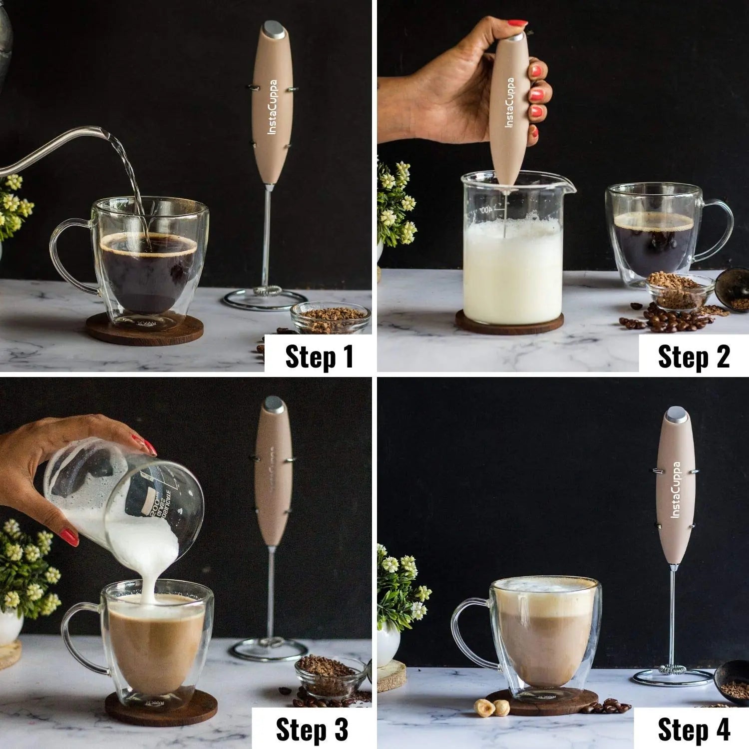 InstaCuppa Milk Frother for Coffee - Handheld Battery Operated Electric Milk and Coffee Frother, Portable Foam Maker with Stainless Steel Stand 