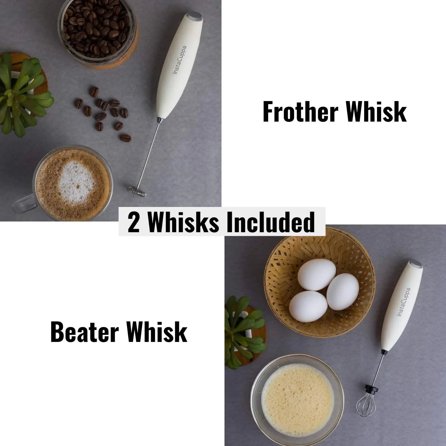 InstaCuppa Milk Frother for Coffee - Handheld Battery Operated Electric Milk and Coffee Frother, Portable Foam Maker with Stainless Steel Stand 