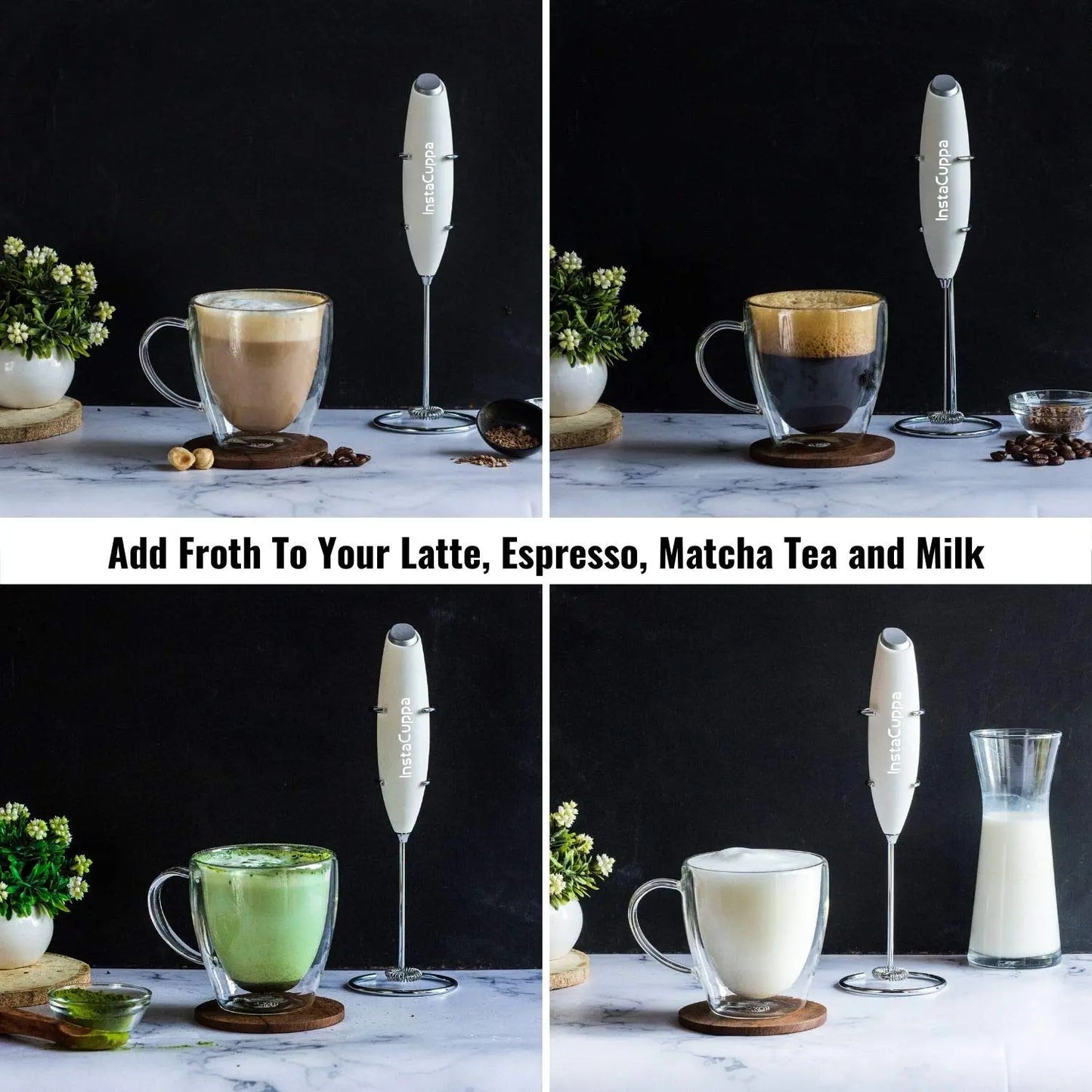 InstaCuppa Milk Frother for Coffee - Handheld Battery Operated Electric Milk and Coffee Frother, Portable Foam Maker with Stainless Steel Stand 