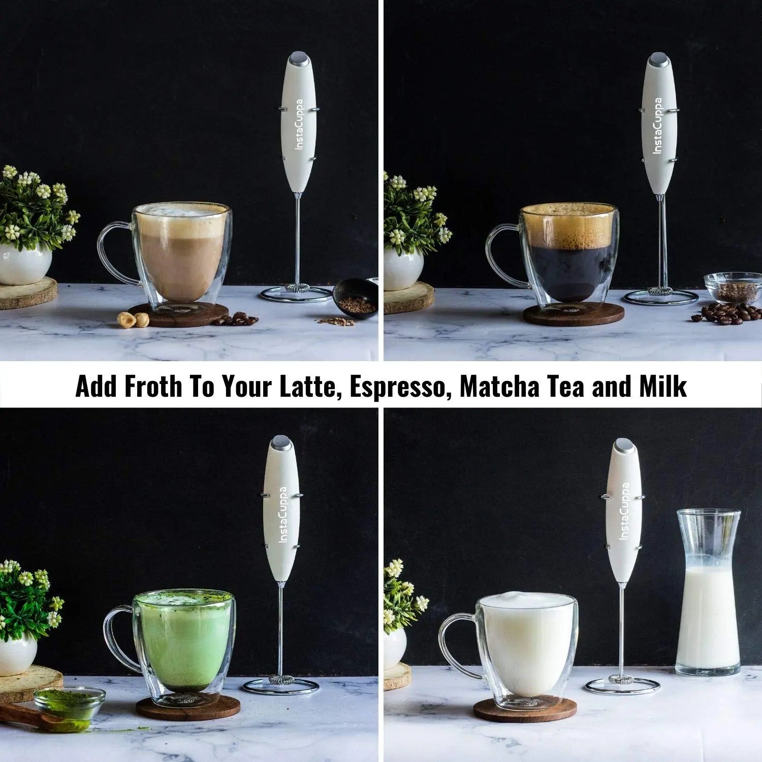 InstaCuppa Milk Frother for Coffee - Handheld Battery Operated Electric Milk and Coffee Frother, Portable Foam Maker with Stainless Steel Stand 