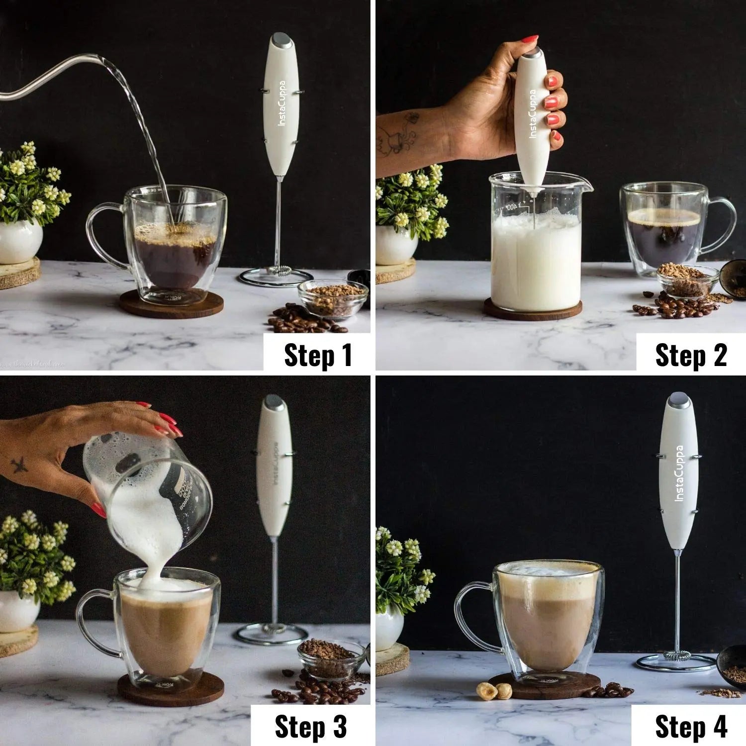 InstaCuppa Milk Frother for Coffee - Handheld Battery Operated Electric Milk and Coffee Frother, Portable Foam Maker with Stainless Steel Stand 