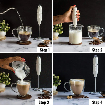 InstaCuppa Milk Frother for Coffee - Handheld Battery Operated Electric Milk and Coffee Frother, Portable Foam Maker with Stainless Steel Stand 