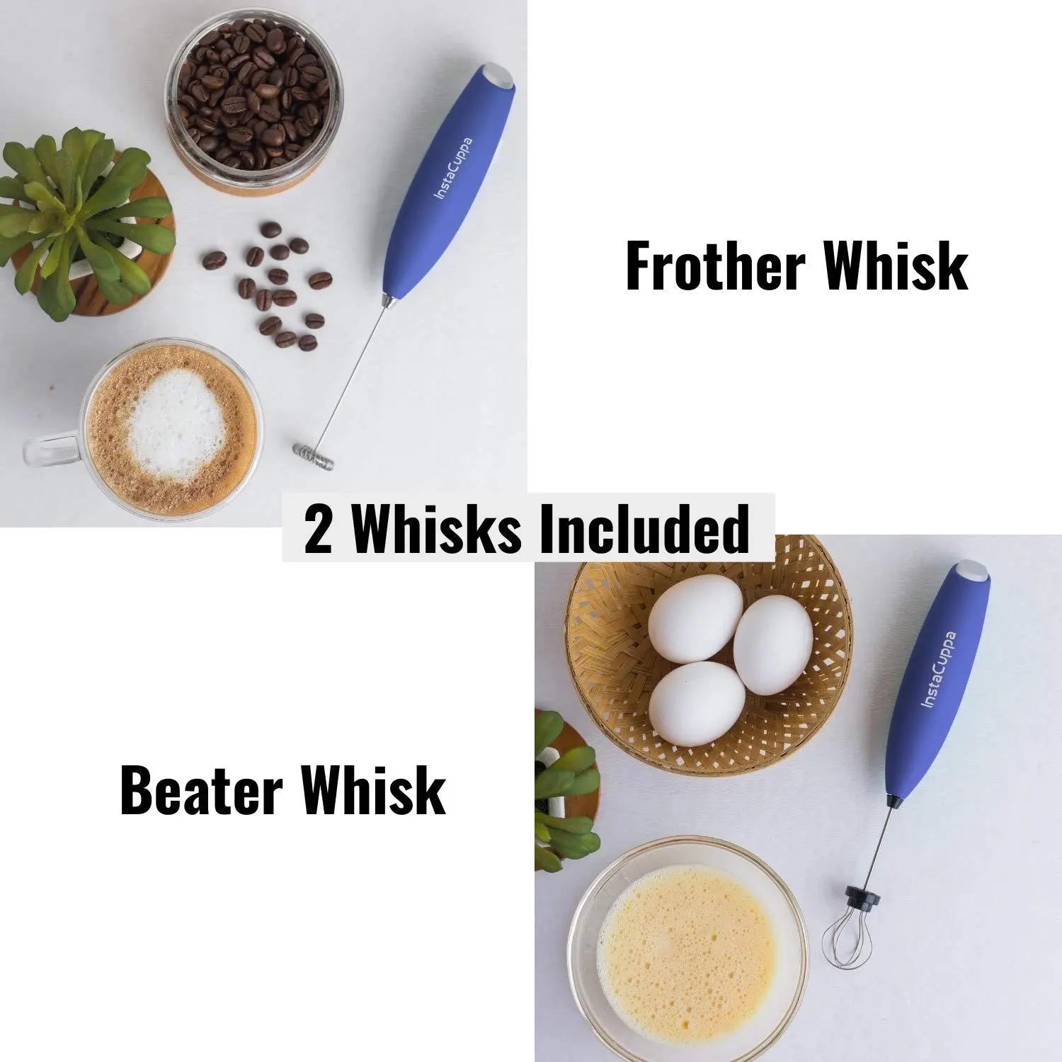 InstaCuppa Milk Frother for Coffee - Handheld Battery Operated Electric Milk and Coffee Frother, Portable Foam Maker with Stainless Steel Stand 