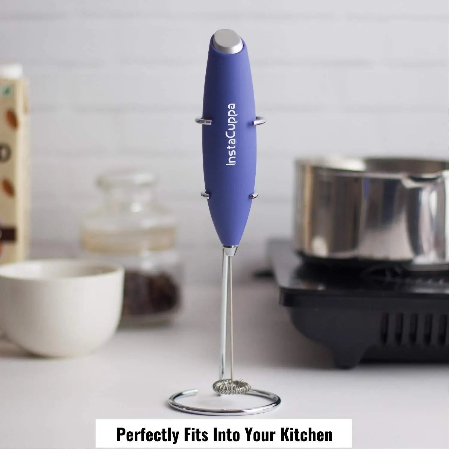 InstaCuppa Milk Frother for Coffee - Handheld Battery Operated Electric Milk and Coffee Frother, Portable Foam Maker with Stainless Steel Stand 