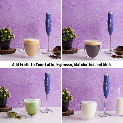 InstaCuppa Milk Frother for Coffee - Handheld Battery Operated Electric Milk and Coffee Frother, Portable Foam Maker with Stainless Steel Stand 