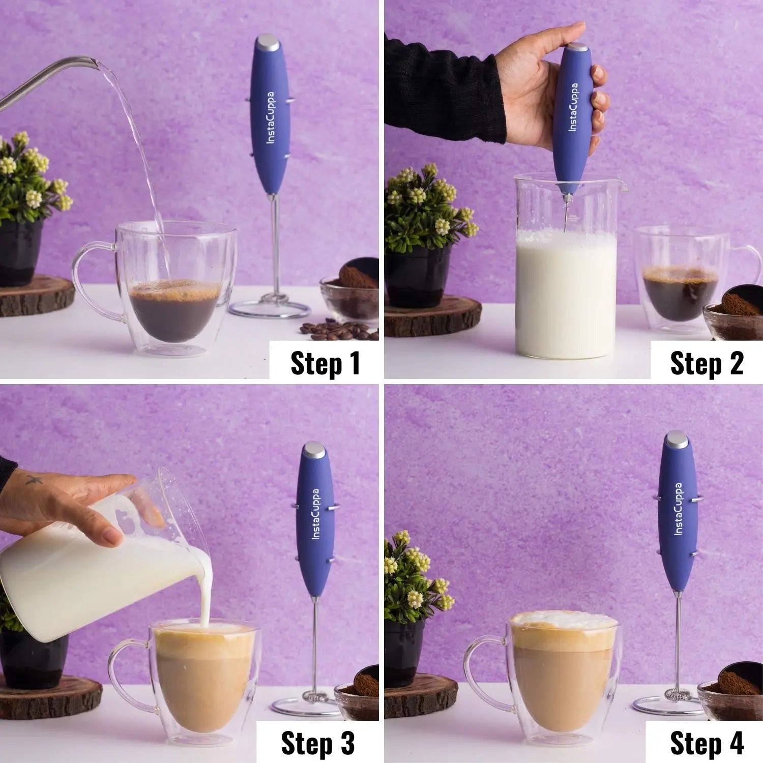 InstaCuppa Milk Frother for Coffee - Handheld Battery Operated Electric Milk and Coffee Frother, Portable Foam Maker with Stainless Steel Stand 