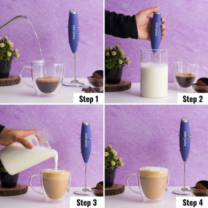 InstaCuppa Milk Frother for Coffee - Handheld Battery Operated Electric Milk and Coffee Frother, Portable Foam Maker with Stainless Steel Stand 