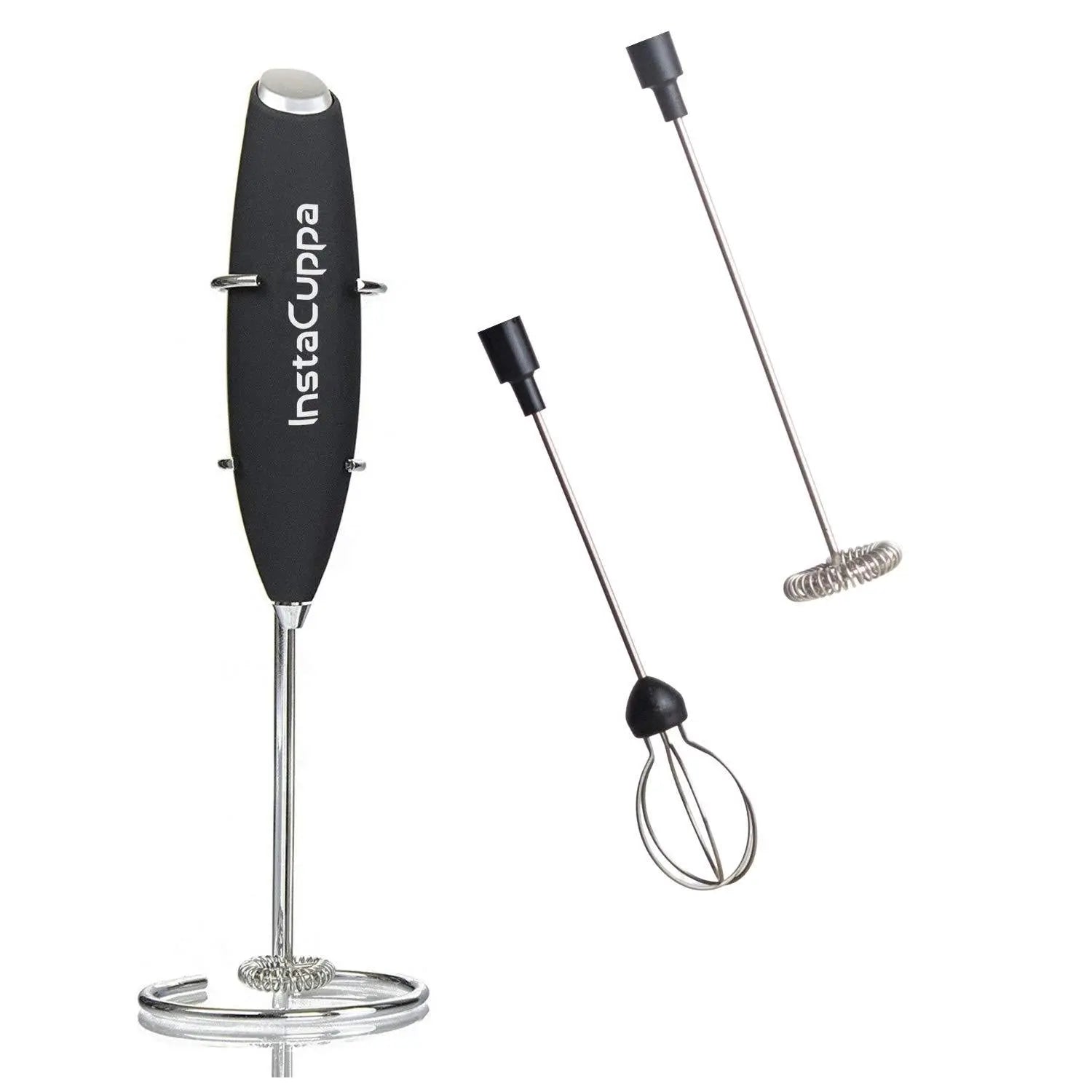 InstaCuppa Milk Frother for Coffee - Handheld Battery Operated Electric Milk and Coffee Frother, Portable Foam Maker with Stainless Steel Stand  Black / Milk Frother + 2Whisks