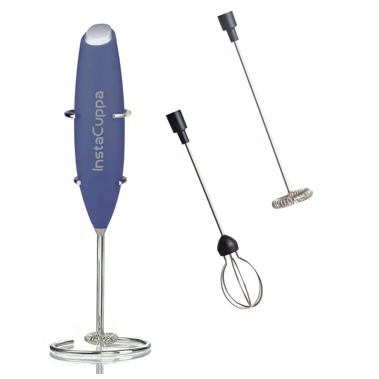 InstaCuppa Milk Frother for Coffee - Handheld Battery Operated Electric Milk and Coffee Frother, Portable Foam Maker with Stainless Steel Stand  Blue / Milk Frother + 2Whisks