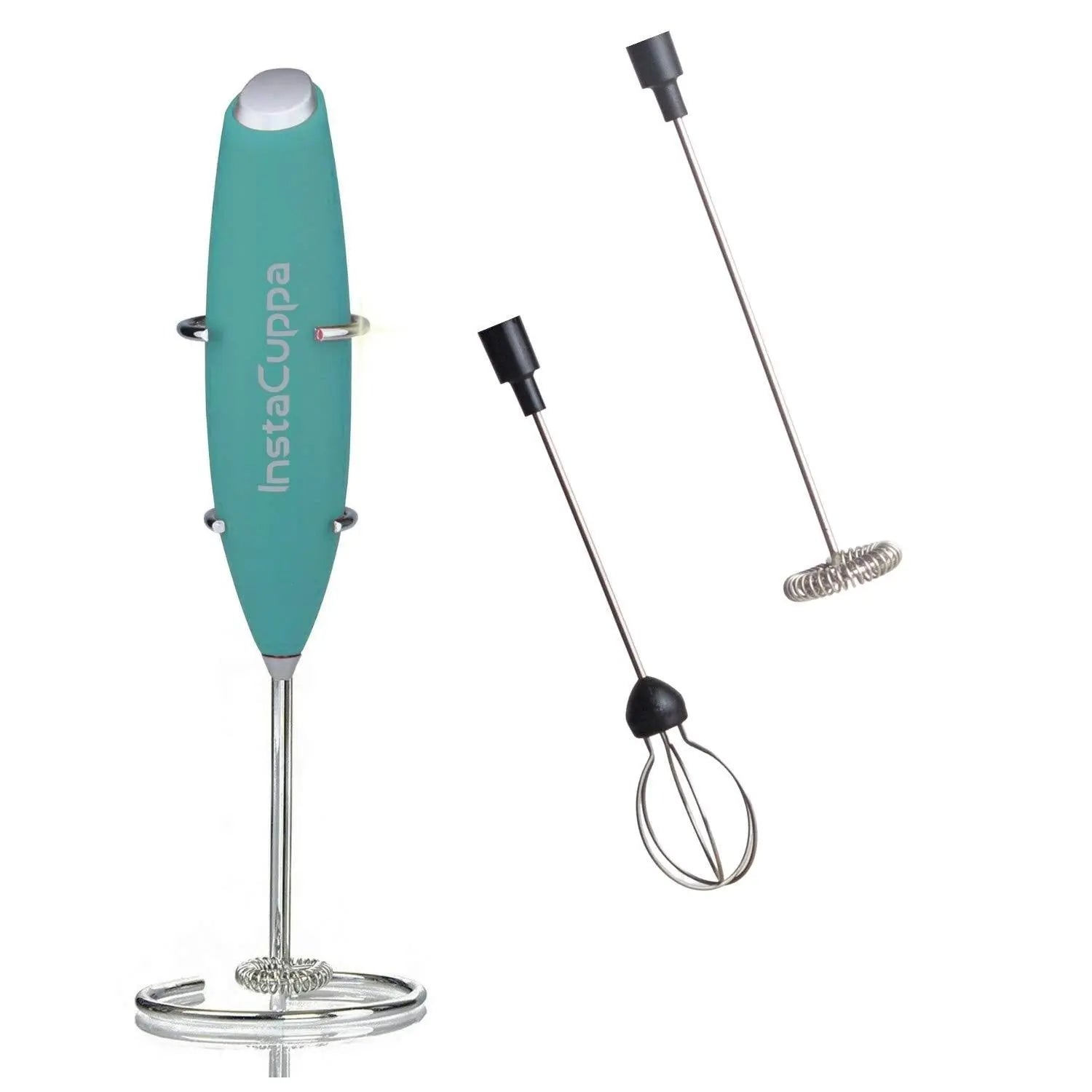 InstaCuppa Milk Frother for Coffee - Handheld Battery Operated Electric Milk and Coffee Frother, Portable Foam Maker with Stainless Steel Stand  Green / Milk Frother + 2Whisks