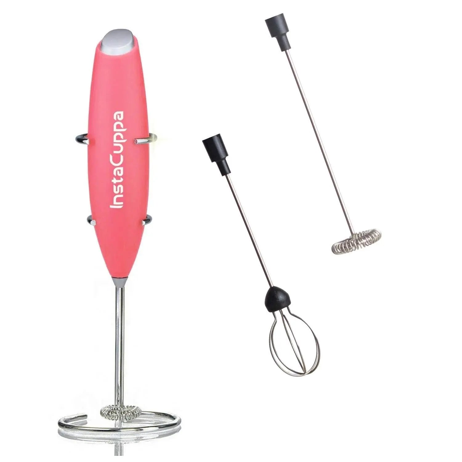 InstaCuppa Milk Frother for Coffee - Handheld Battery Operated Electric Milk and Coffee Frother, Portable Foam Maker with Stainless Steel Stand  Pink / Milk Frother + 2Whisks