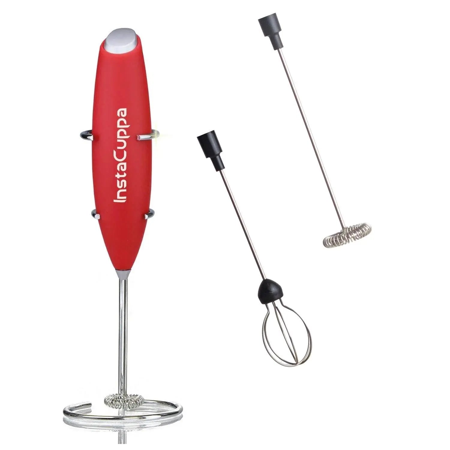 InstaCuppa Milk Frother for Coffee - Handheld Battery Operated Electric Milk and Coffee Frother, Portable Foam Maker with Stainless Steel Stand  Red / Milk Frother + 2Whisks