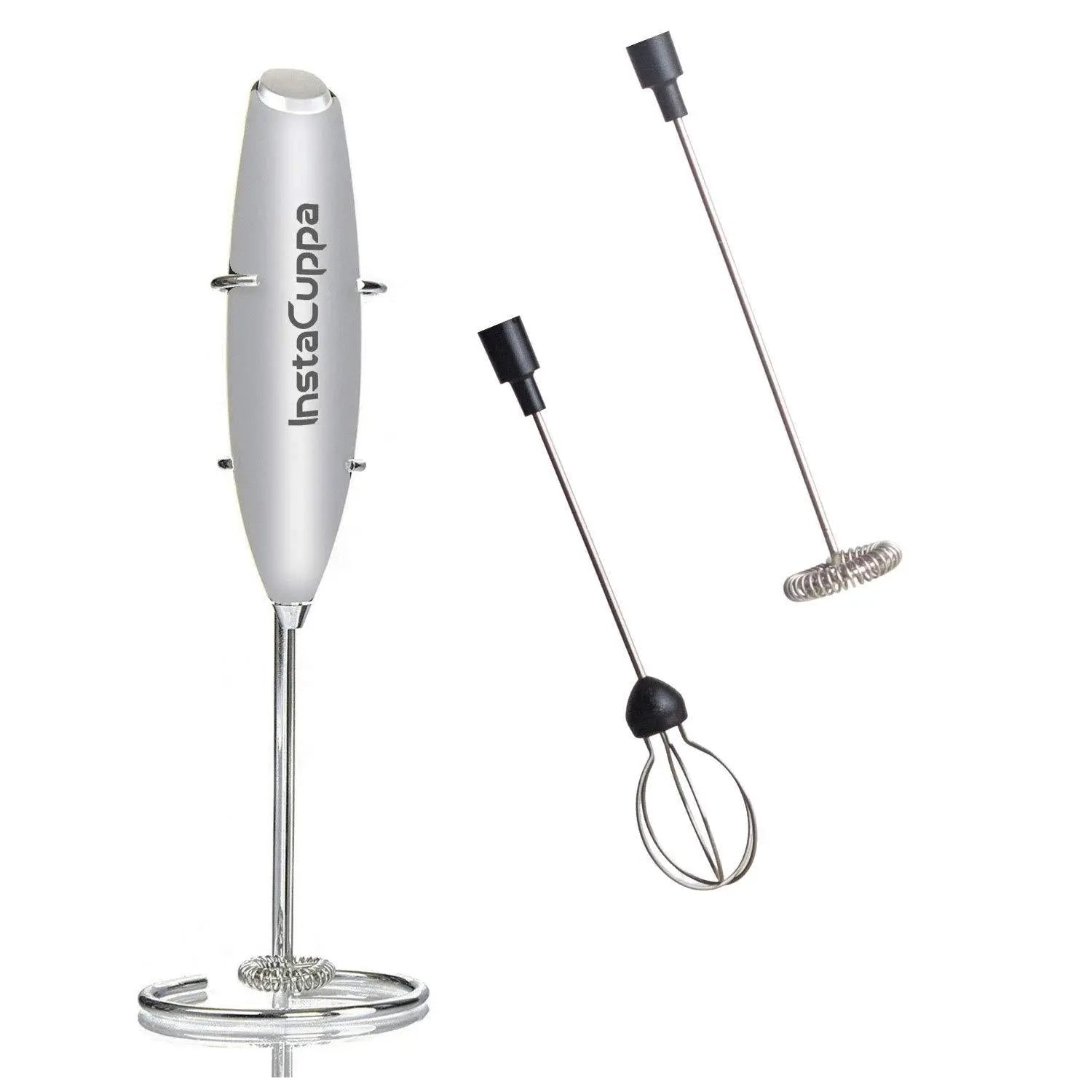 InstaCuppa Milk Frother for Coffee - Handheld Battery Operated Electric Milk and Coffee Frother, Portable Foam Maker with Stainless Steel Stand  Silver / Milk Frother + 2Whisks