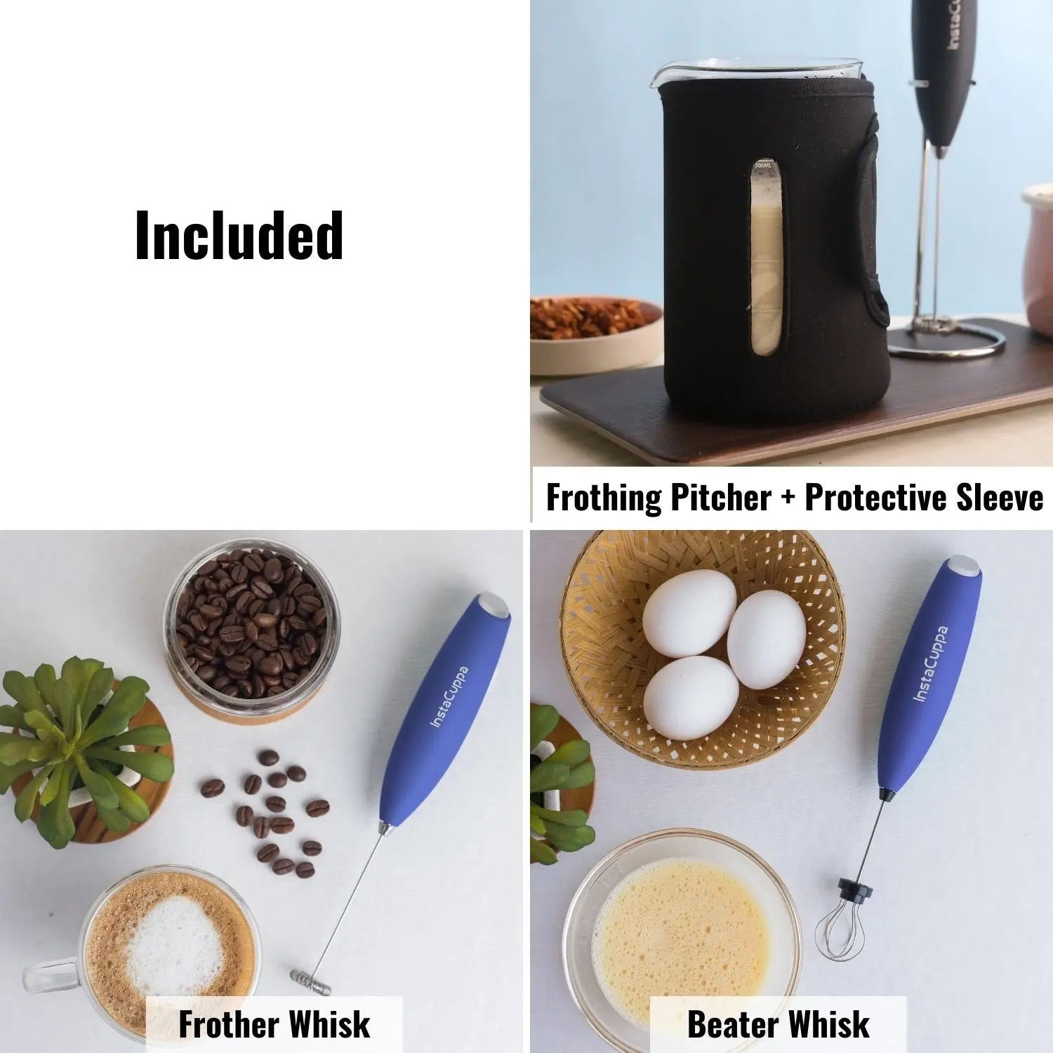 InstaCuppa Milk Frother with 2 Whisks and Borosilicate Glass Frothing Pitcher 600 ML Combo 