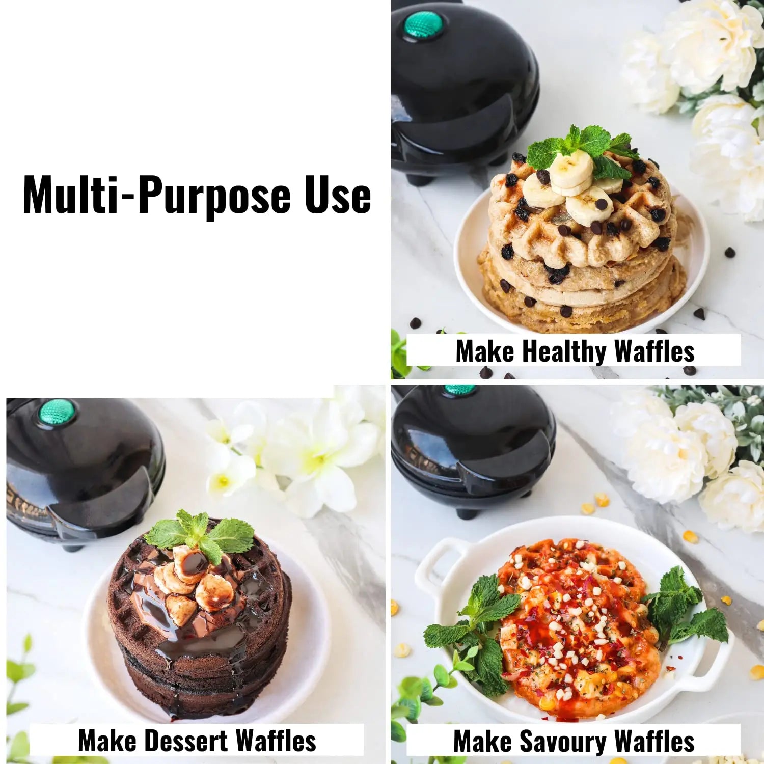 InstaCuppa Mini Waffle Maker For Individual Waffles, Non-stick, Easy To Clean, Portable, 4 inch, Black 