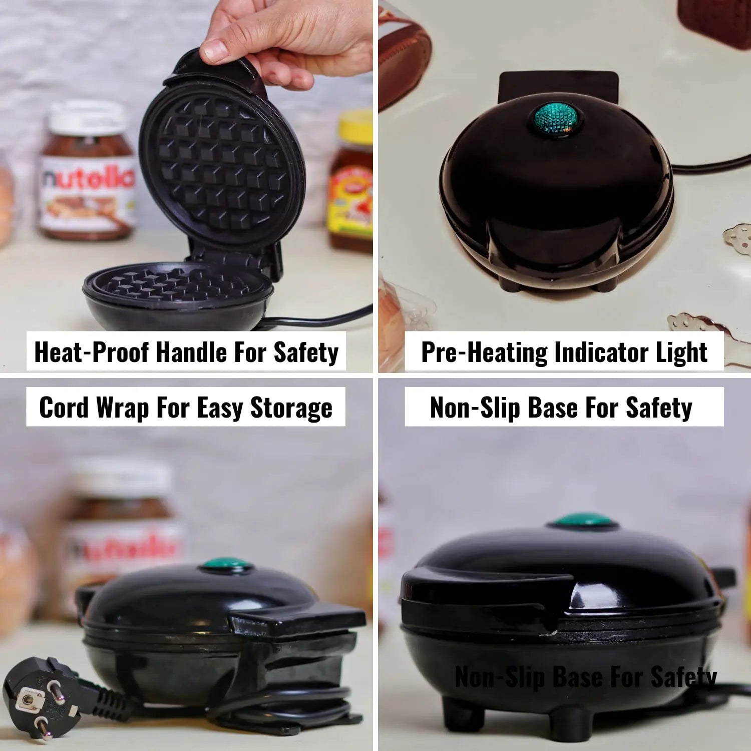InstaCuppa Mini Waffle Maker For Individual Waffles, Non-stick, Easy To Clean, Portable, 4 inch, Black 