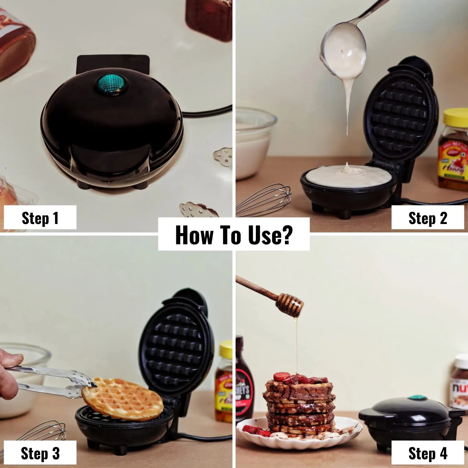 InstaCuppa Mini Waffle Maker For Individual Waffles, Non-stick, Easy To Clean, Portable, 4 inch, Black 
