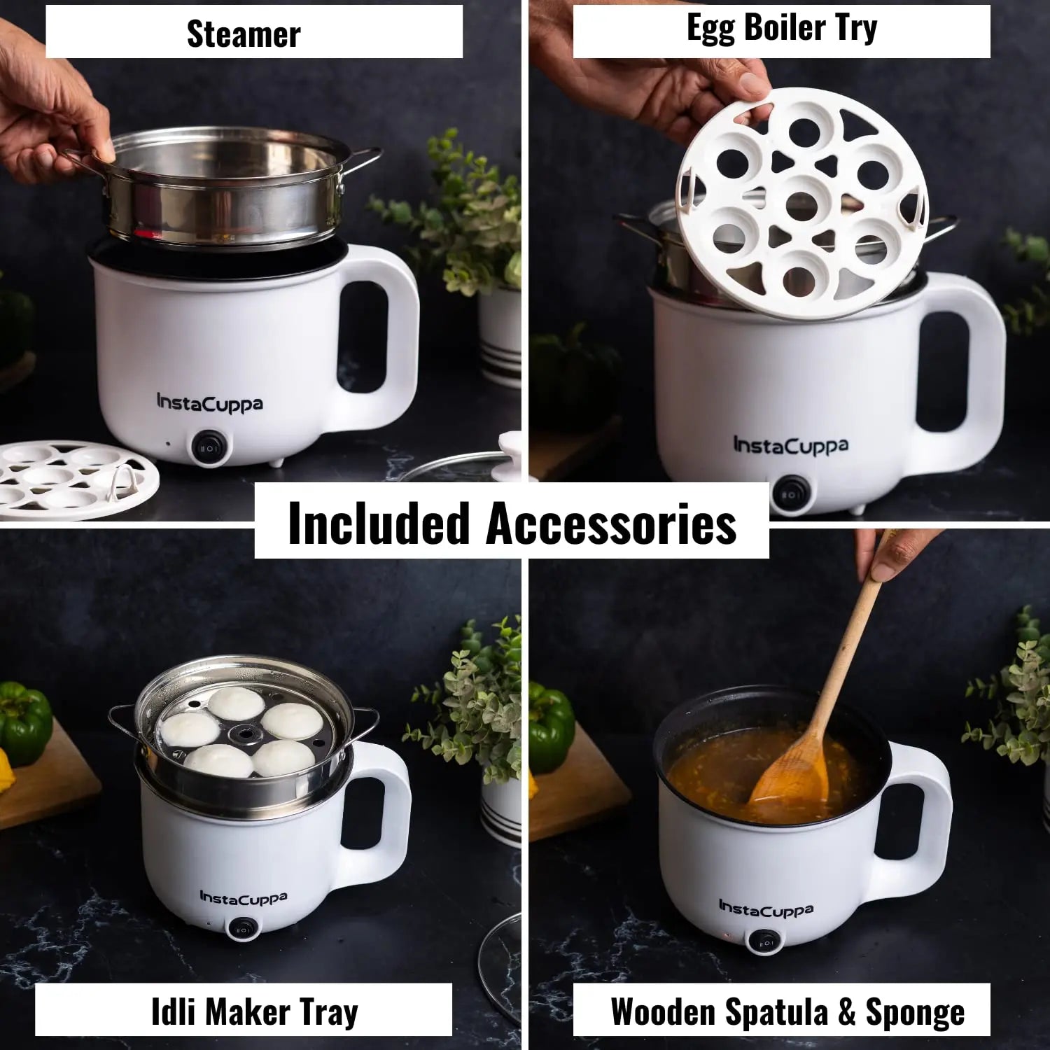 InstaCuppa Multipurpose Electric Kettle Cum Cooker with Free Steamer for Momos & Vegetables, Boiler Trays for Idly & Eggs, 1.2 Liter, 600 Watts 