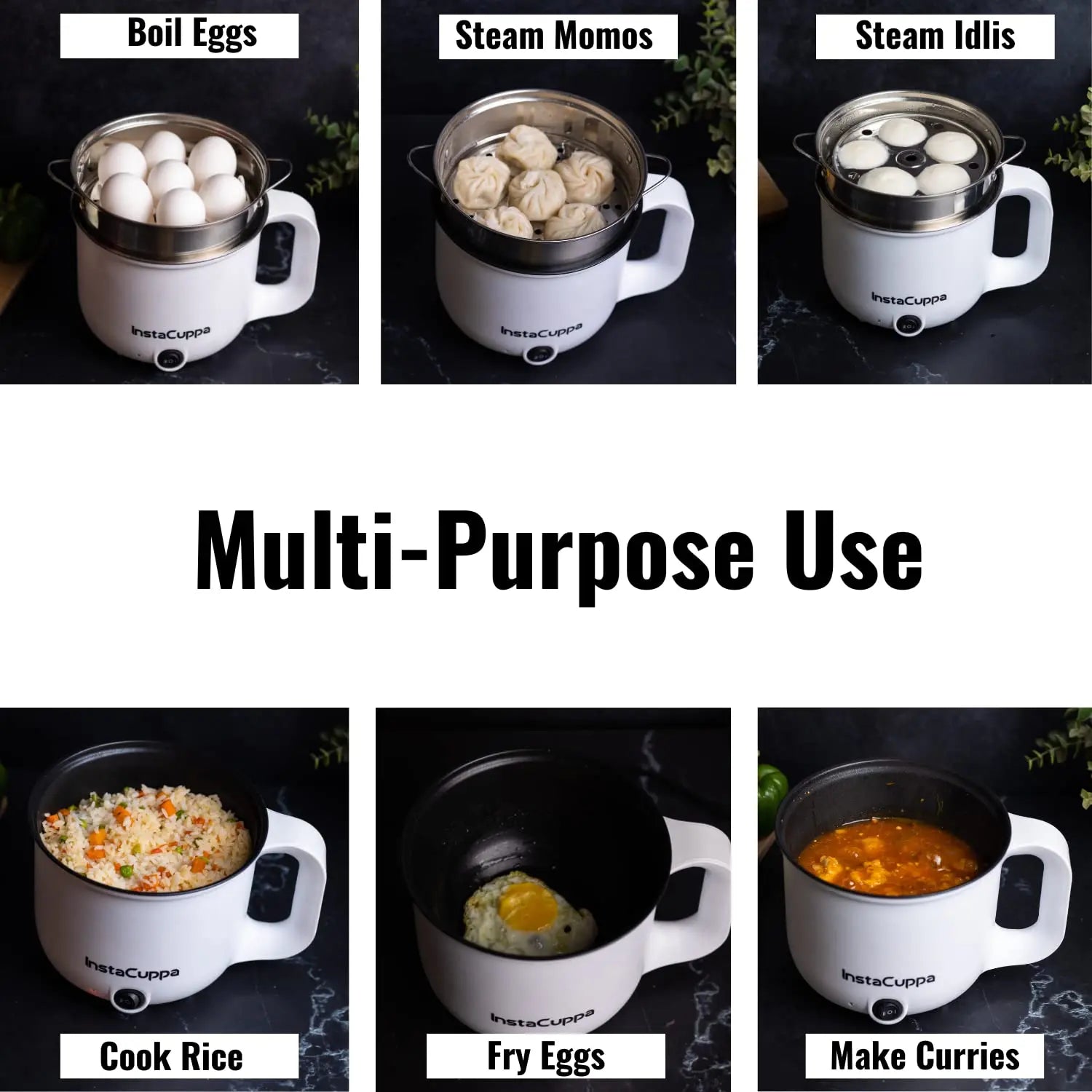 InstaCuppa Multipurpose Electric Kettle Cum Cooker with Free Steamer for Momos & Vegetables, Boiler Trays for Idly & Eggs, 1.2 Liter, 600 Watts 