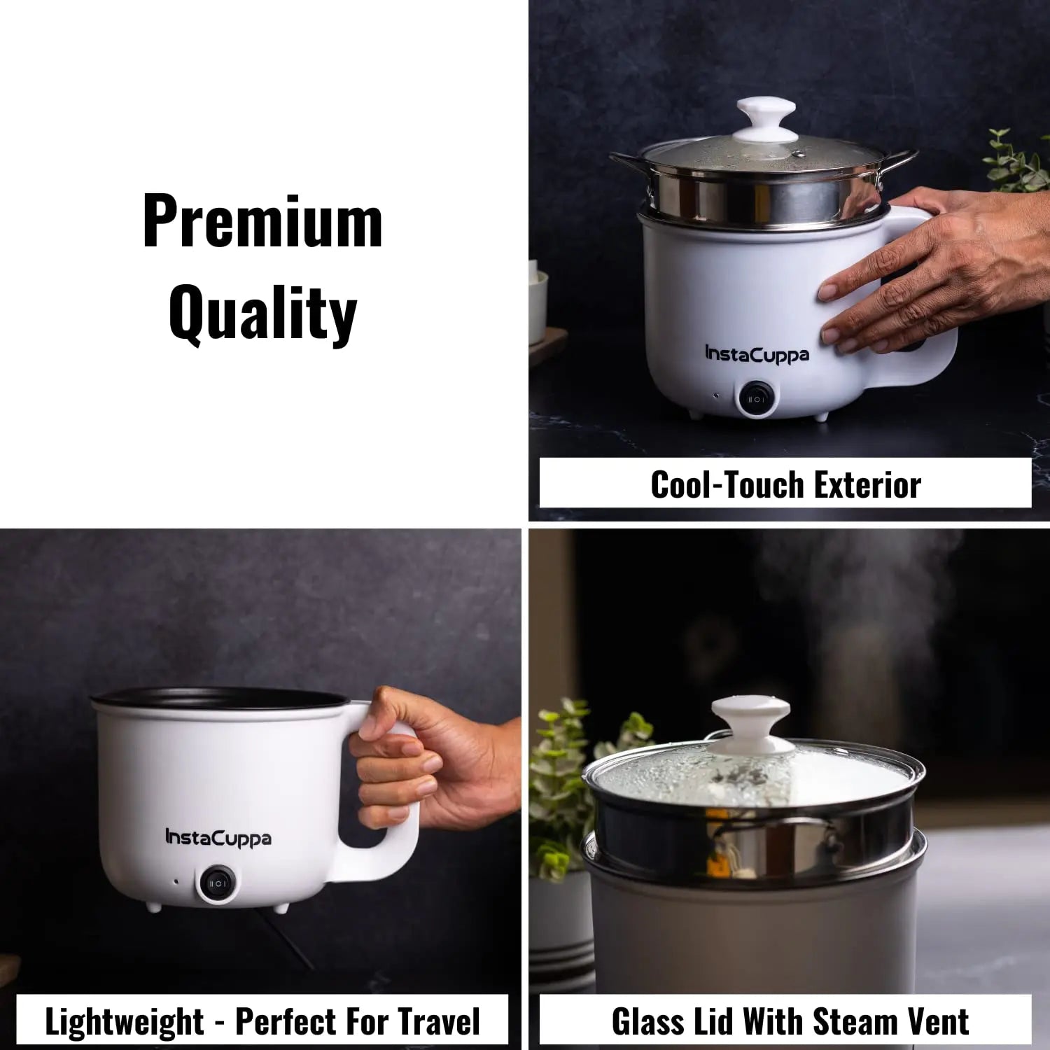 InstaCuppa Multipurpose Electric Kettle Cum Cooker with Free Steamer for Momos & Vegetables, Boiler Trays for Idly & Eggs, 1.2 Liter, 600 Watts 