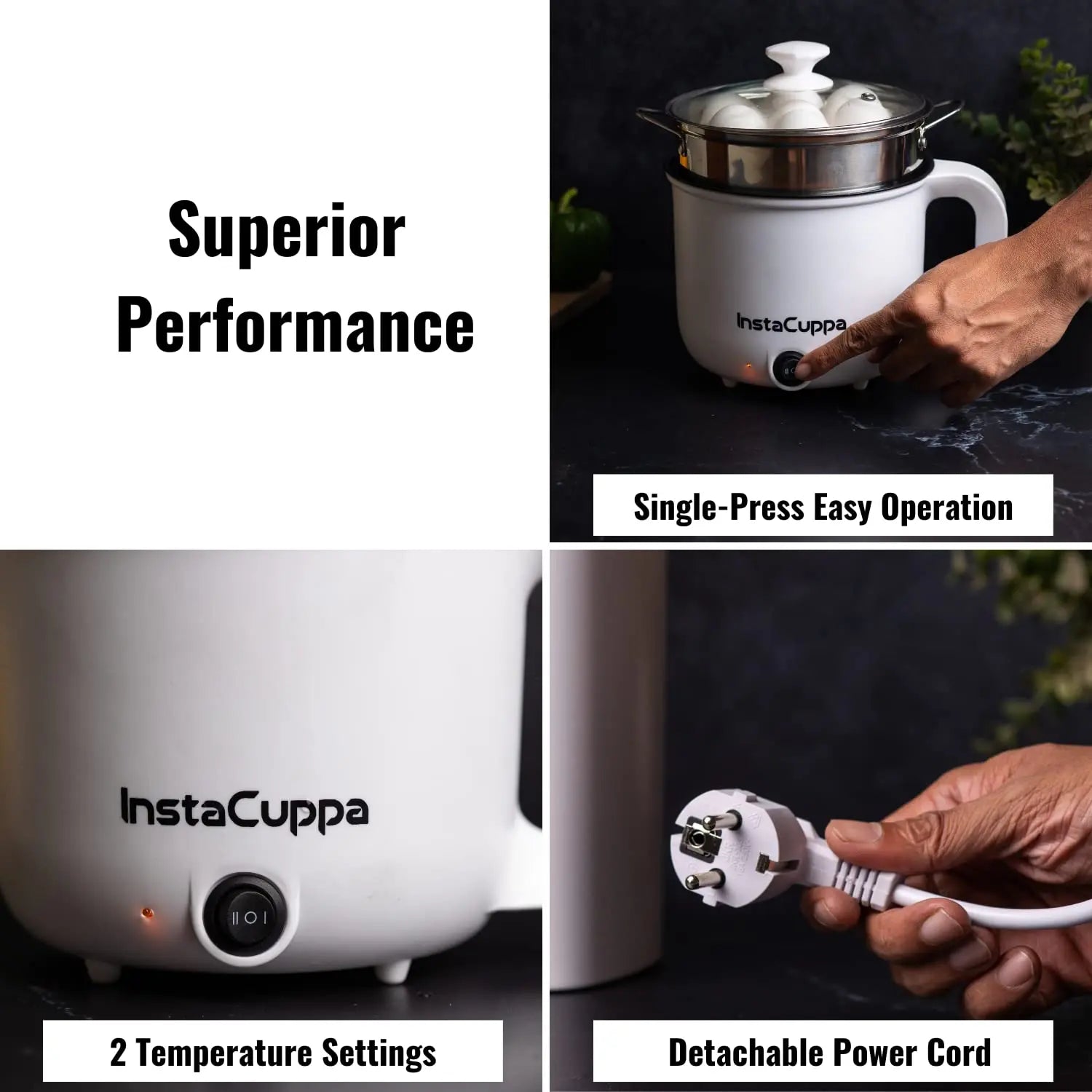 InstaCuppa Multipurpose Electric Kettle Cum Cooker with Free Steamer for Momos & Vegetables, Boiler Trays for Idly & Eggs, 1.2 Liter, 600 Watts 