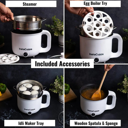 InstaCuppa Multipurpose Electric Kettle Cum Cooker with Non-Stick Inner, Includes Free Steamer, Boiler Trays for Idly & Eggs, 1.2 Liter, 600 Watts 