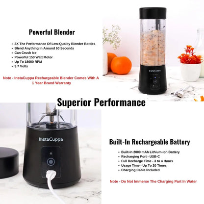 InstaCuppa Portable Blender for Smoothie and Juices, Milk Shakes, Crushing Ice, USB Rechargeable Blender Machine for Kitchen with 2000 mAh Battery, 150 W Motor, 400 ML, Built-in Jar (Normal Edition) 
