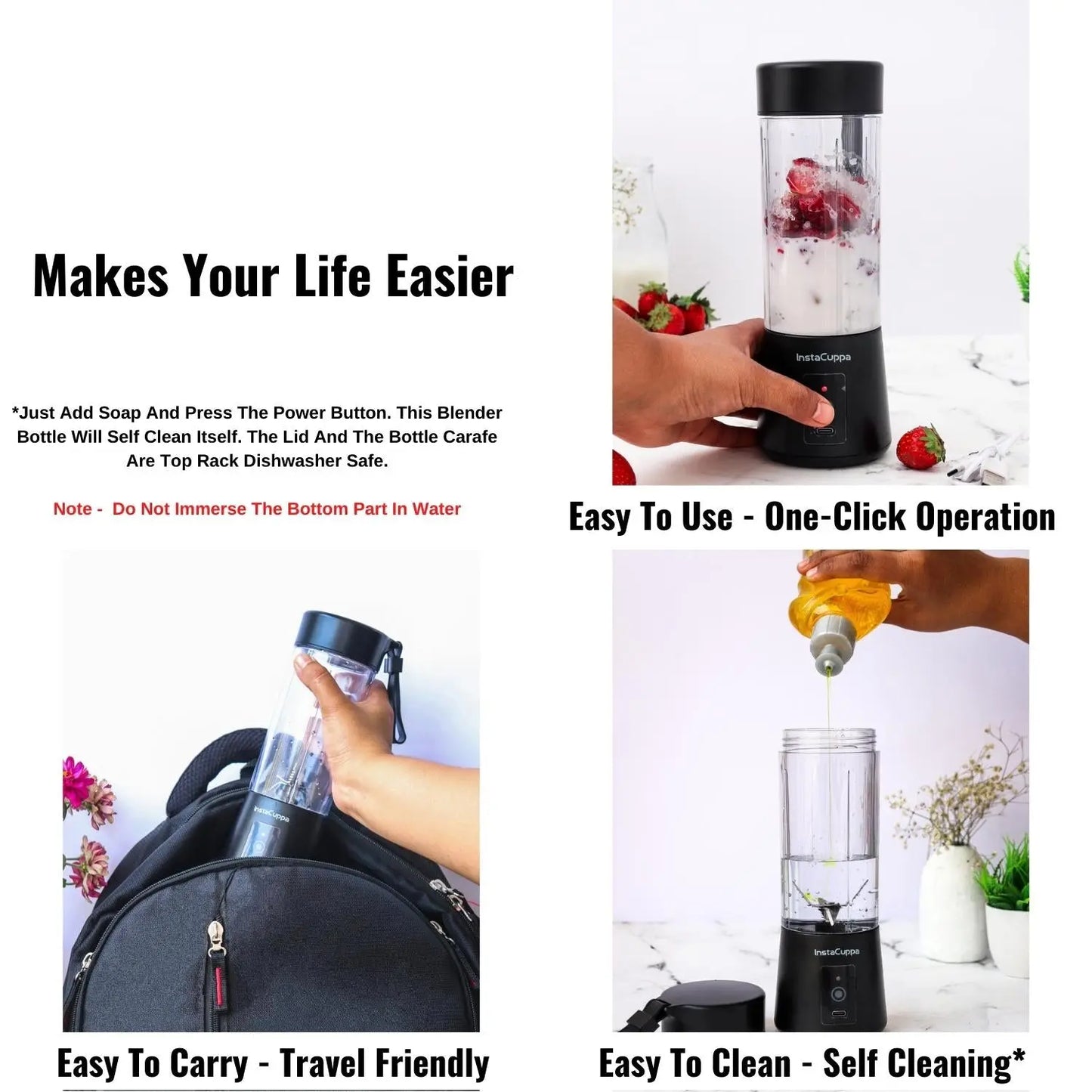 InstaCuppa Portable Blender for Smoothie and Juices, Milk Shakes, Crushing Ice, USB Rechargeable Blender Machine for Kitchen with 2000 mAh Battery, 150 W Motor, 400 ML, Built-in Jar (Normal Edition) 