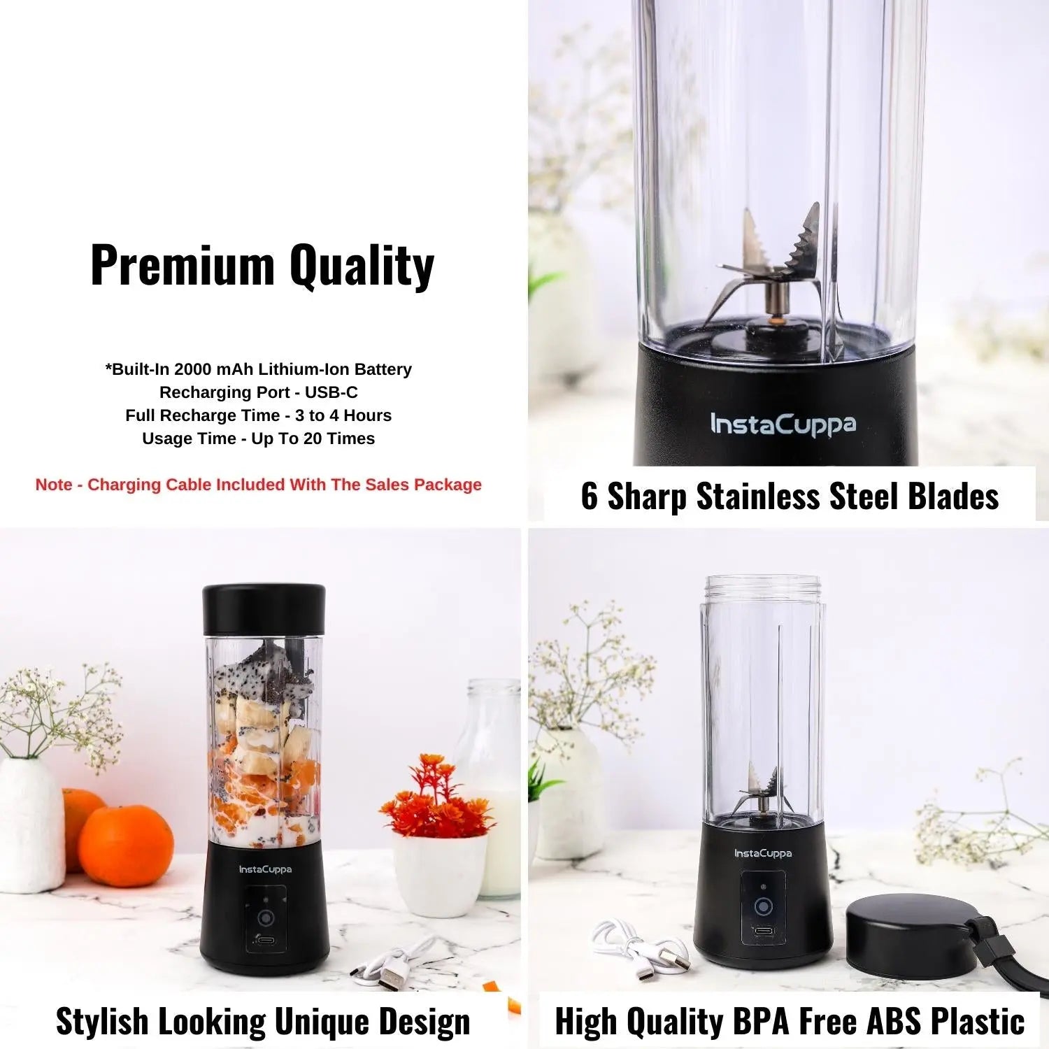 InstaCuppa Portable Blender for Smoothie and Juices, Milk Shakes, Crushing Ice, USB Rechargeable Blender Machine for Kitchen with 2000 mAh Battery, 150 W Motor, 400 ML, Built-in Jar (Normal Edition) 