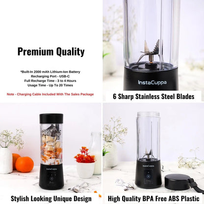 InstaCuppa Portable Blender for Smoothie and Juices, Milk Shakes, Crushing Ice, USB Rechargeable Blender Machine for Kitchen with 2000 mAh Battery, 150 W Motor, 400 ML, Built-in Jar (Normal Edition) 