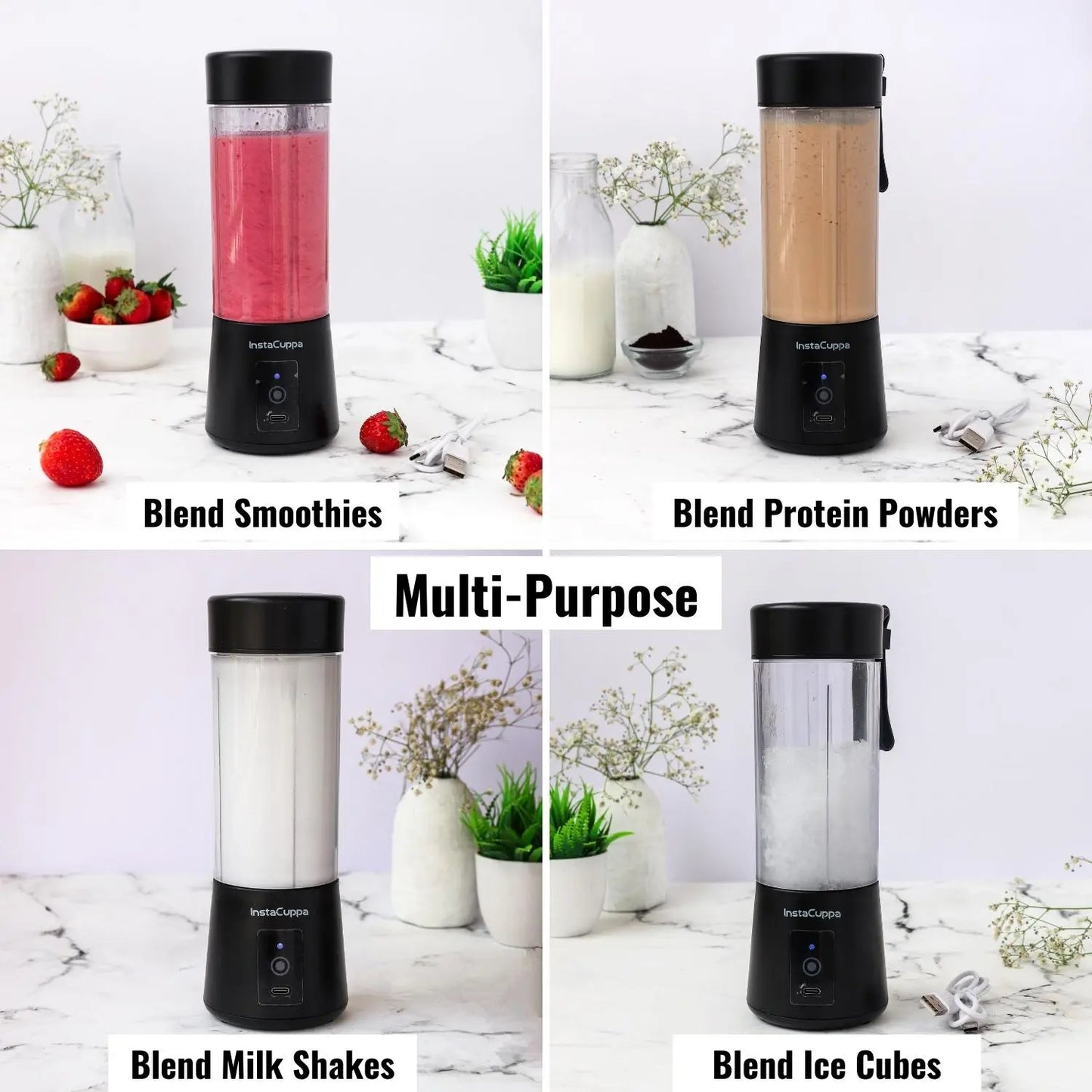 InstaCuppa Portable Blender for Smoothie and Juices, Milk Shakes, Crushing Ice, USB Rechargeable Blender Machine for Kitchen with 2000 mAh Battery, 150 W Motor, 400 ML, Built-in Jar (Normal Edition) 