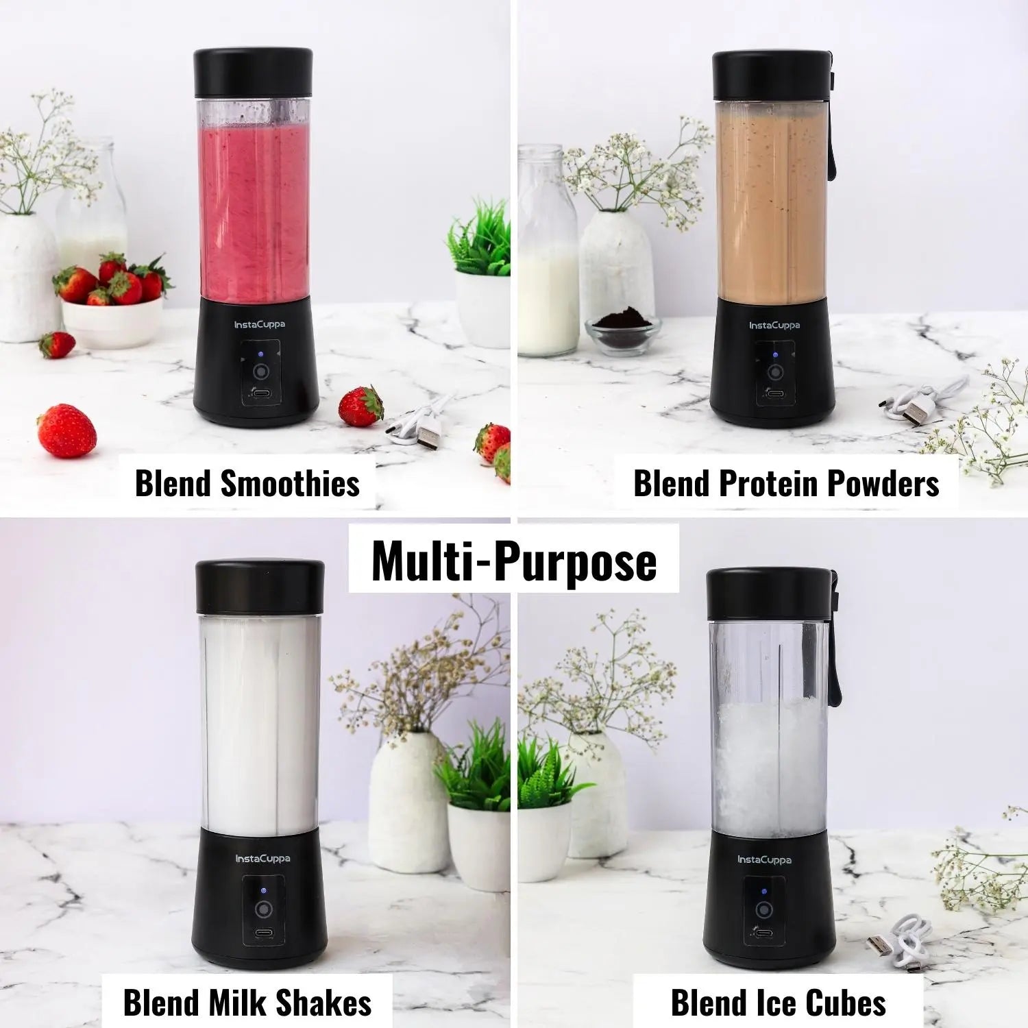 InstaCuppa Portable Blender for Smoothie and Juices, Milk Shakes, Crushing Ice, USB Rechargeable Blender Machine for Kitchen with 2000 mAh Battery, 150 W Motor, 400 ML, Built-in Jar (Normal Edition) 