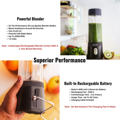 InstaCuppa Portable Blender for Smoothie and Juices, Milk Shakes, Crushing Ice, USB Rechargeable Blender Machine for Kitchen with 2000 mAh Battery, 150 W Motor, 400 ML, Built-in Jar (Normal Edition) 