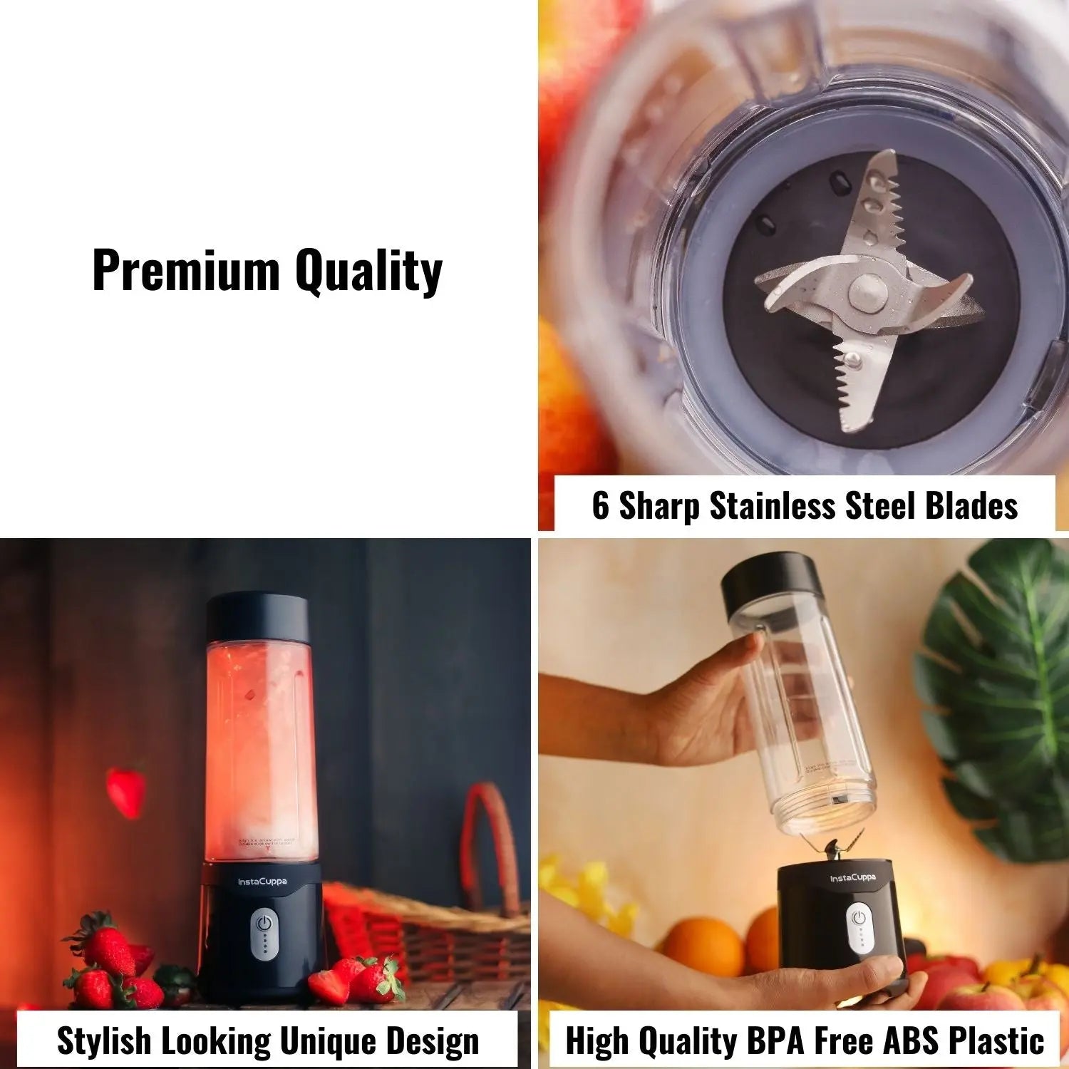 InstaCuppa Portable Blender for Smoothie and Juices, Milk Shakes, Crushing Ice, USB Rechargeable Blender Machine for Kitchen with 2000 mAh Battery, 150 W Motor, 400 ML, Built-in Jar (Normal Edition) 