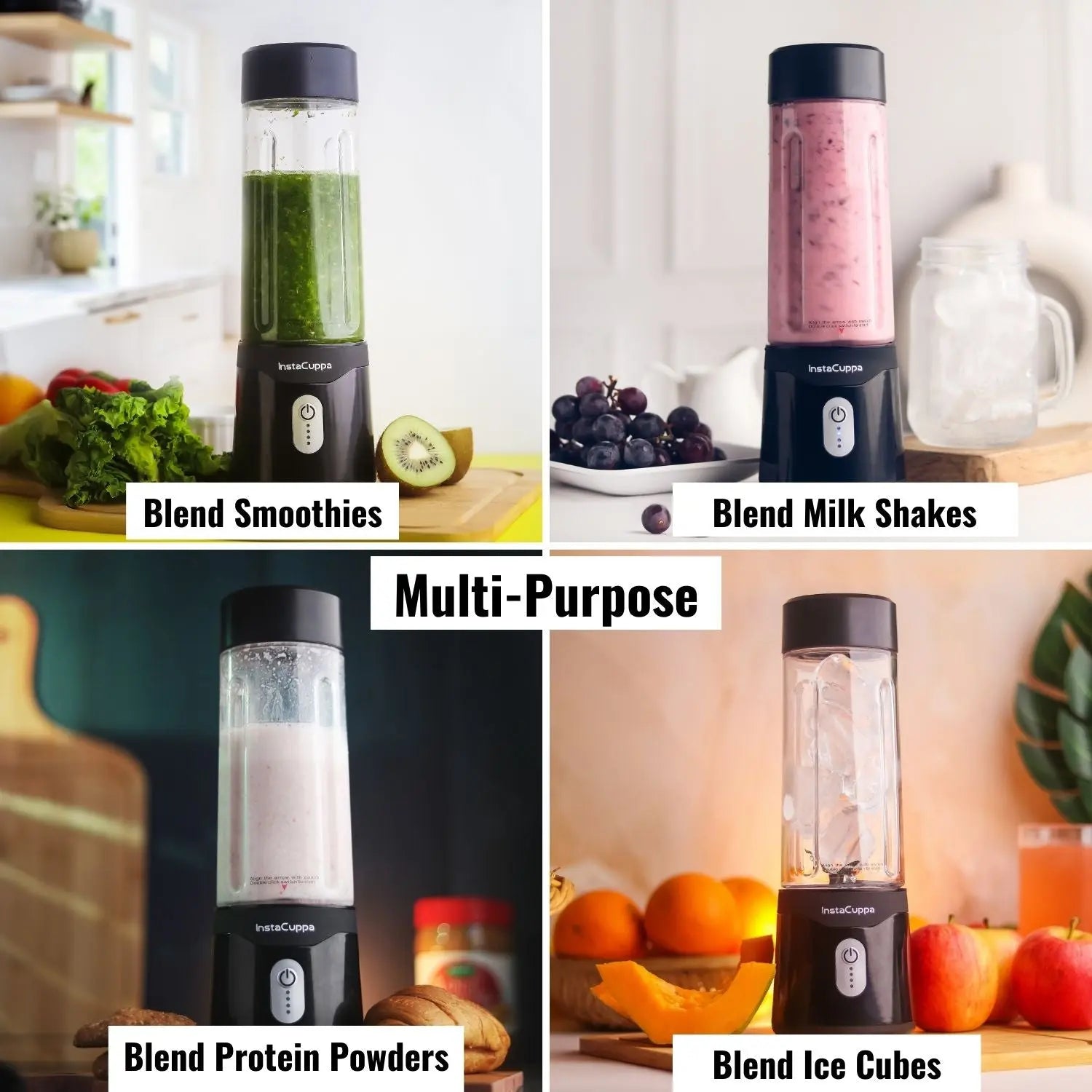 InstaCuppa Portable Blender for Smoothie and Juices, Milk Shakes, Crushing Ice, USB Rechargeable Blender Machine for Kitchen with 2000 mAh Battery, 150 W Motor, 400 ML, Built-in Jar (Normal Edition) 