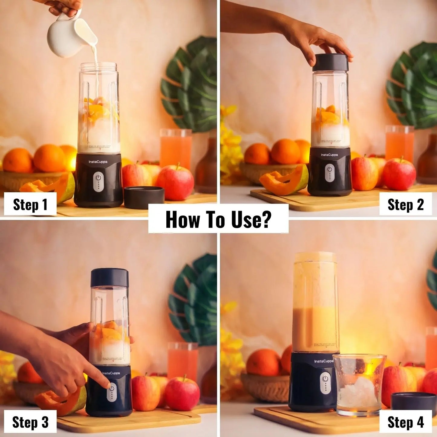 InstaCuppa Portable Blender for Smoothie and Juices, Milk Shakes, Crushing Ice, USB Rechargeable Blender Machine for Kitchen with 2000 mAh Battery, 150 W Motor, 400 ML, Built-in Jar (Normal Edition) 