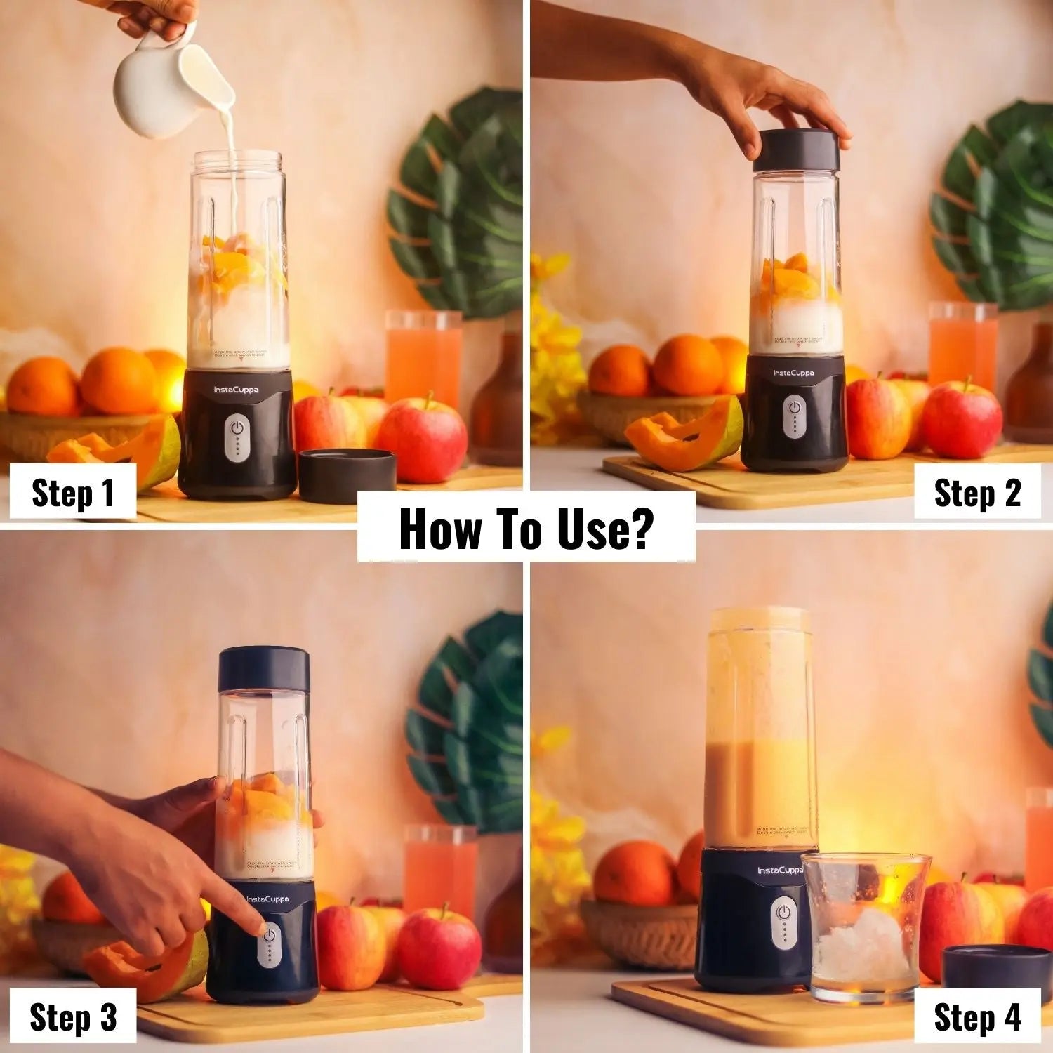 InstaCuppa Portable Blender for Smoothie and Juices, Milk Shakes, Crushing Ice, USB Rechargeable Blender Machine for Kitchen with 2000 mAh Battery, 150 W Motor, 400 ML, Built-in Jar (Normal Edition) 